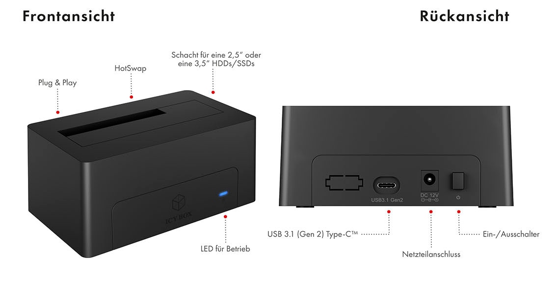 ICY BOX Festplatten-Dockingstation »ICY BOX SATA 2,5 oder 3,5 zu USB 3.1 Gen 2 Type-C«, HDD/SSD
