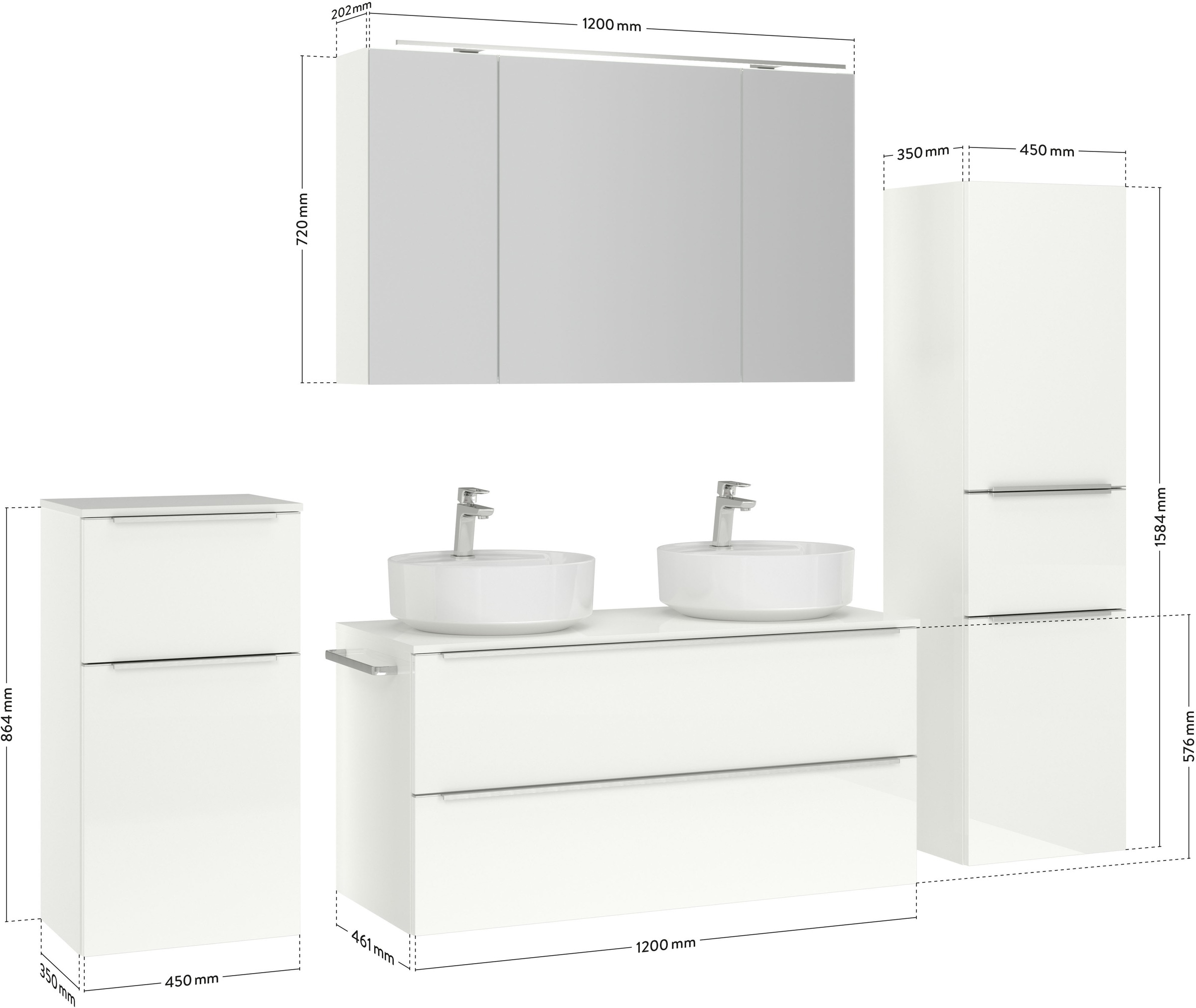 nobilia® Badmöbel-Set »Alvene«, (4 St., vormontiert, mit Soft-Close), inkl. Spiegelschrank mit Beleuchtung und Dimmerfunktion, in 4 Breiten