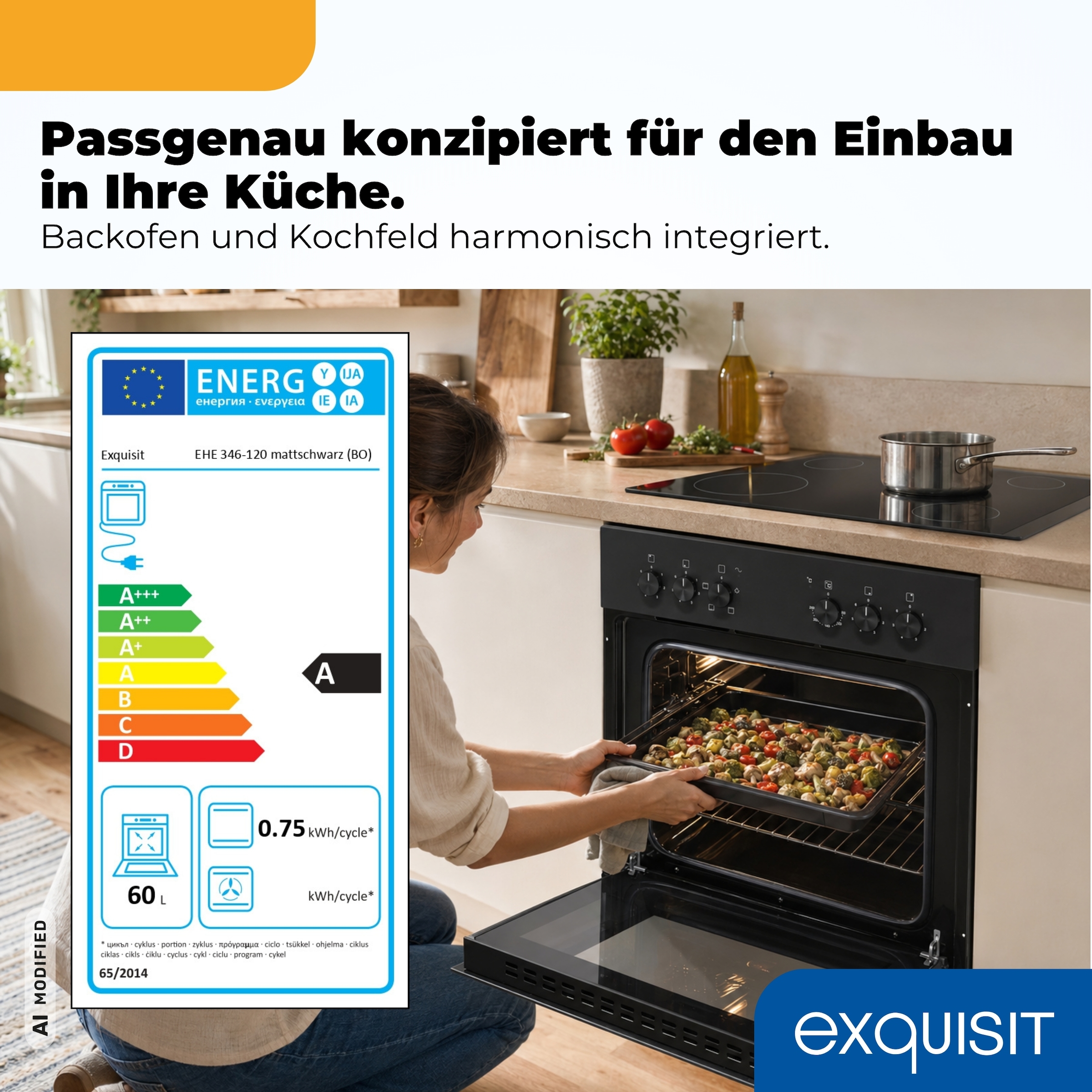 exquisit Backofen-Set »EHE346-120 Set mattschwarz« Backofen | Glaskeramikkochfeld, 2 Stk. tlg. Ober&Unterhitze mit 4-Zonen-Glaskeramikkochfeld – einfach & sicher!