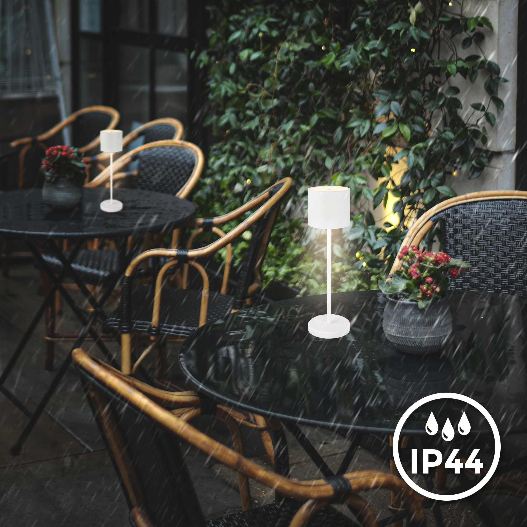 B.K.Licht Außen-Tischleuchte »BK_TL1607 Akku Tischlampe mit Ladestation, 3-Stufen Touchdimmer, IP44«, 1 flammig, Leuchtmittel LED-Modul | LED fest integriert, 3.000 K, 230 Lm, 2,5W, Akku wechselbar, max. 12h Leuchtdauer, Weiß