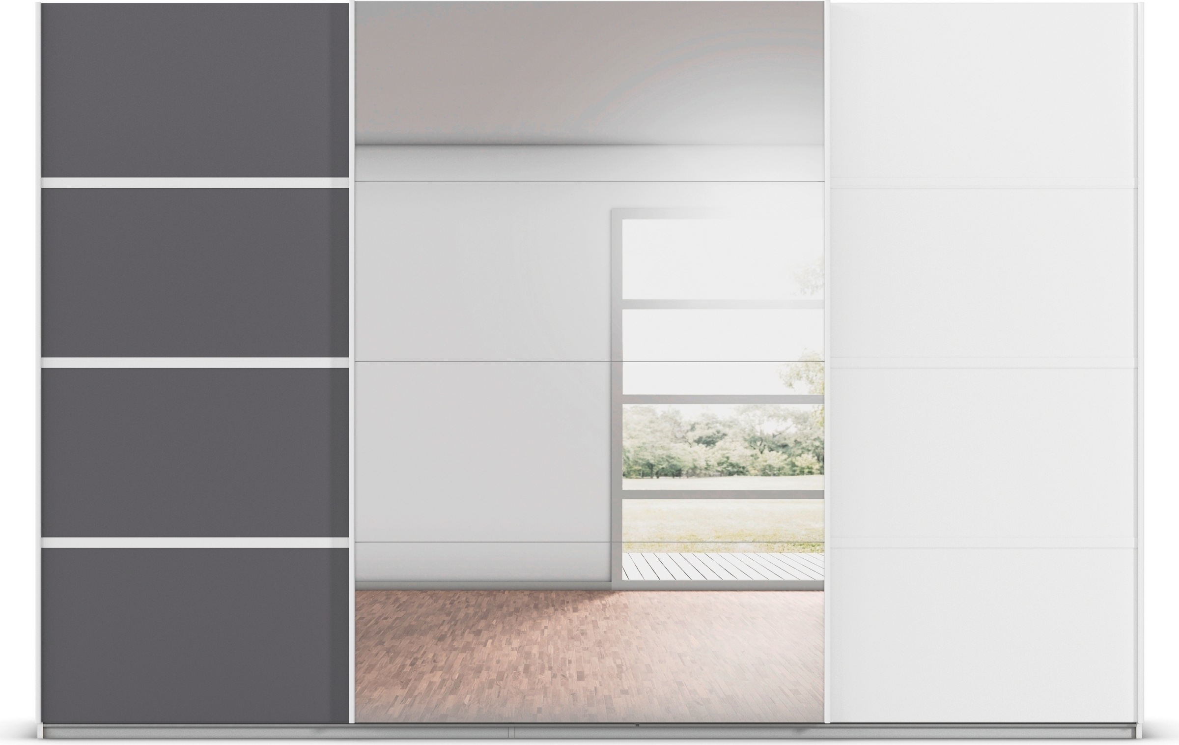 rauch Kleiderschrank »Schwebetürenschrank Garderobe Schrank TOP ANGEBOT Avola«, (in 3 verschiedenen Ausstattungen BASIC/CLASSIC/PREMIUM inkl. Spiegel), mit eleganten Zierleisten in Chrom, Schwarz oder Weiß MADE IN GERMANY