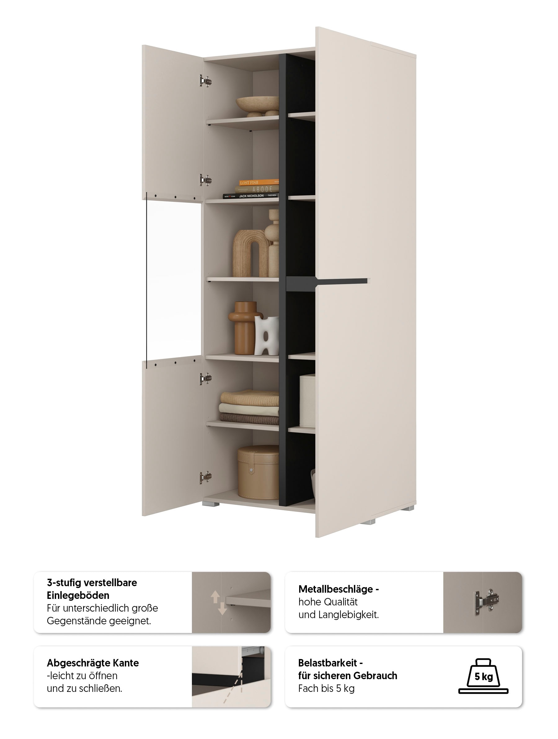 OTTO home Vitrine »Cross, Höhe 183,5 cm, moderne grifflose Standvitrine mit 3 Türen« Hochschrank mit viel Stauraum, Glastür und verstellbaren Einlegeböden