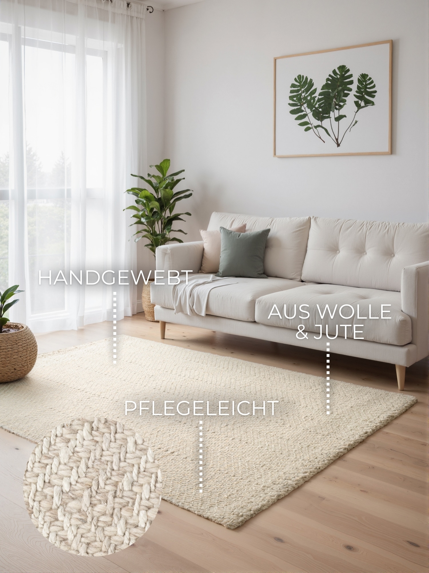 ELLE DECORATION Wollteppich »Majoli«, rechteckig, 10 mm Höhe, Herringbone, Wolle, Jute, Natur, Wohnzimmer, Schlafzimmer, Boho,Skandi