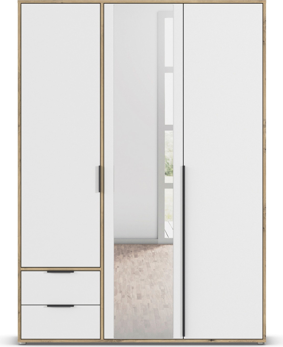 rauch Drehtürenschrank »Kleiderschrank Schrank Garderobe Wäscheschrank NAGATA mit Spiegel«, (in 3 verschiedenen Ausstattungen BASIC/CLASSIC/PREMIUM), und Schubladen sowie Stangengriffen TOPSELLER MADE IN GERMANY