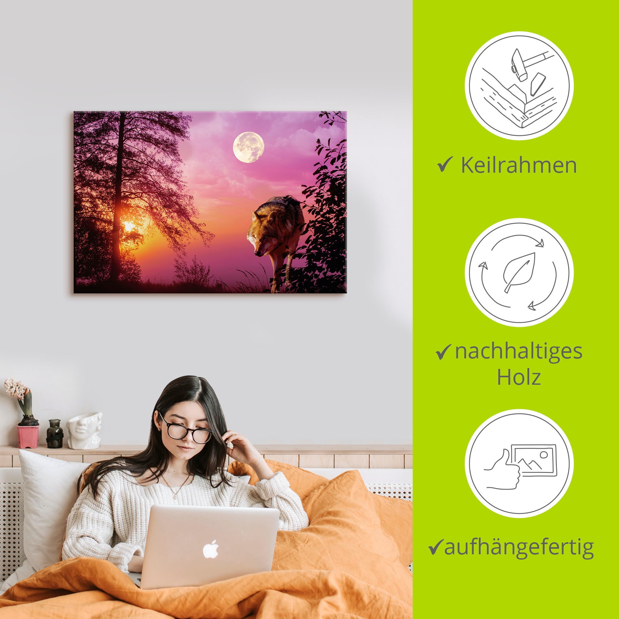 Artland Leinwandbild »Wolf im Vollmond« Wolfbilder 1 Stk. tlg. auf Holzrahmen gespannt