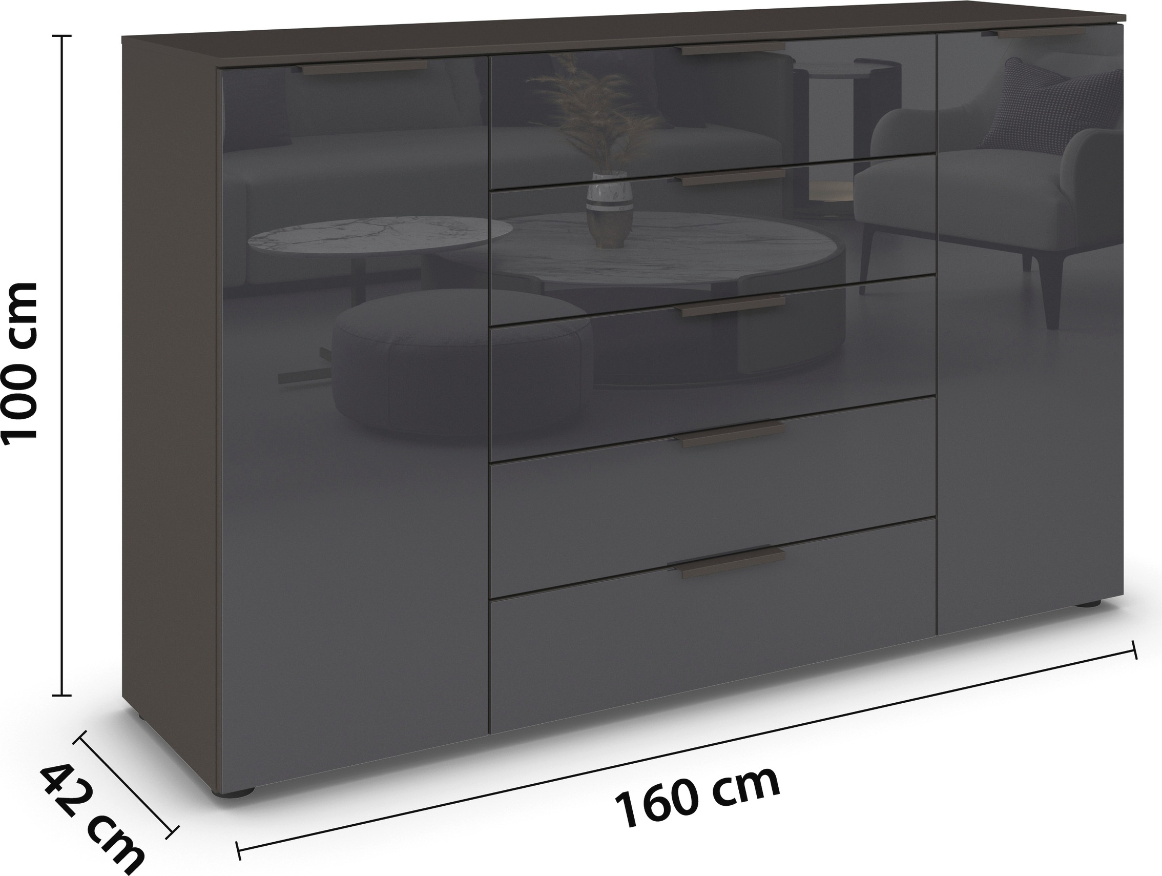 rauch Schubkastenkommode »Kommode Türkommode Sideboard Kombikommode FLIPP mit Glasfront«, (Breite 160/180 cm mit 4 Einlegeböden), 2-trg mit 5 Schubladen und Soft-Close, 2 Breiten MADE IN GERMANY