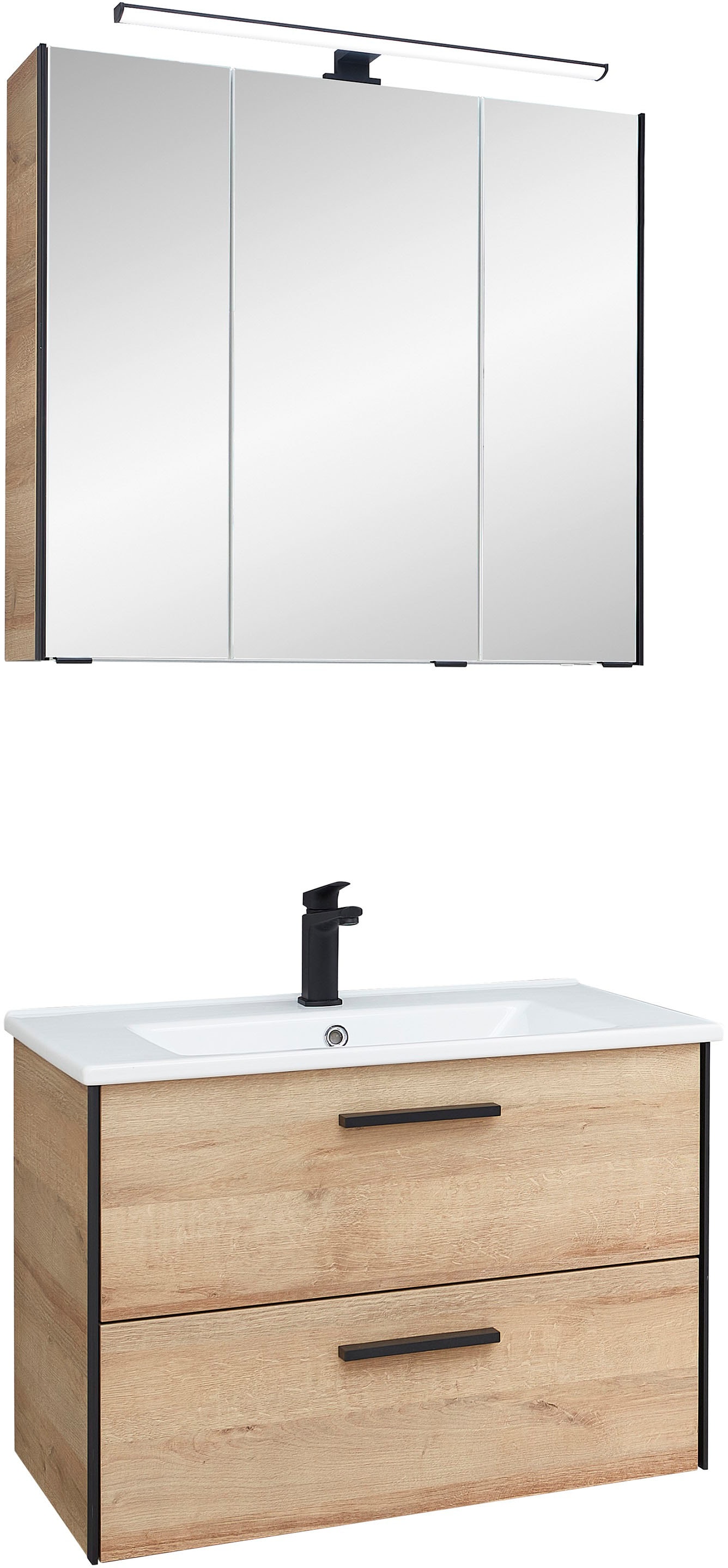 Saphir Badmöbel-Set »Quickset 395 2-teilig, Keramik-Waschtisch mit LED-Spiegelschrank«, (2 St.), Waschplatz 75 cm breit, 3 Türen, 2 Schubladen, Bad-Set