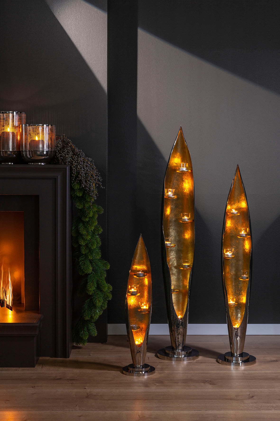 Fink Windlicht »CAVA, mit feiner Hammerschlagstruktur« aus Aluminium und Glas, 6-flammig, Höhe ca. 110 cm