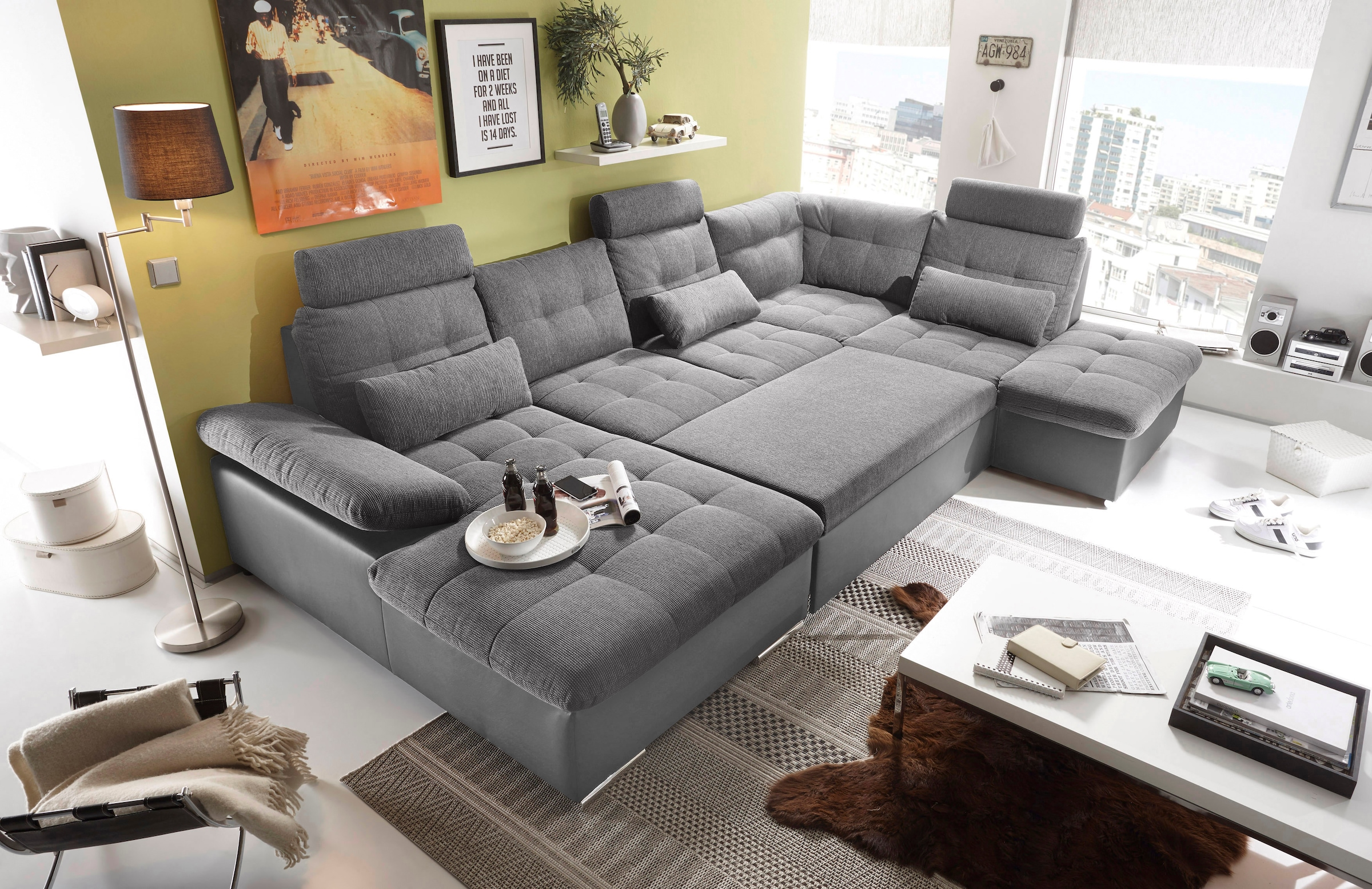 ED EXCITING DESIGN Wohnlandschaft »Jakarta U-Form mit Bettfunktion, Bettkasten« Armteilverstellung, Kopfstützen & 3 Nierenkissen