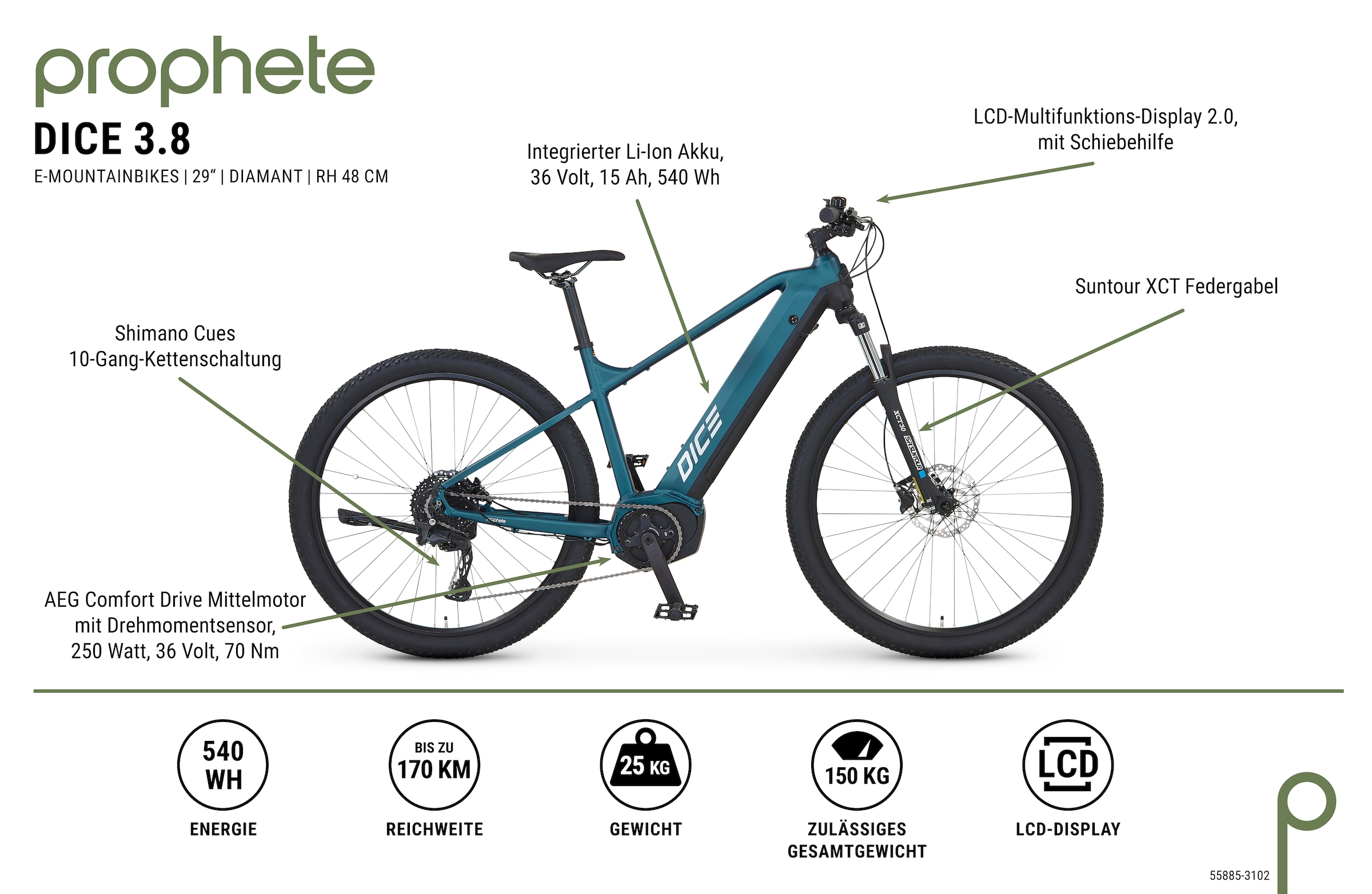 Prophete E-Bike »Dice 3.8«, 10 Gang, Shimano, Cues, Mittelmotor 250 W