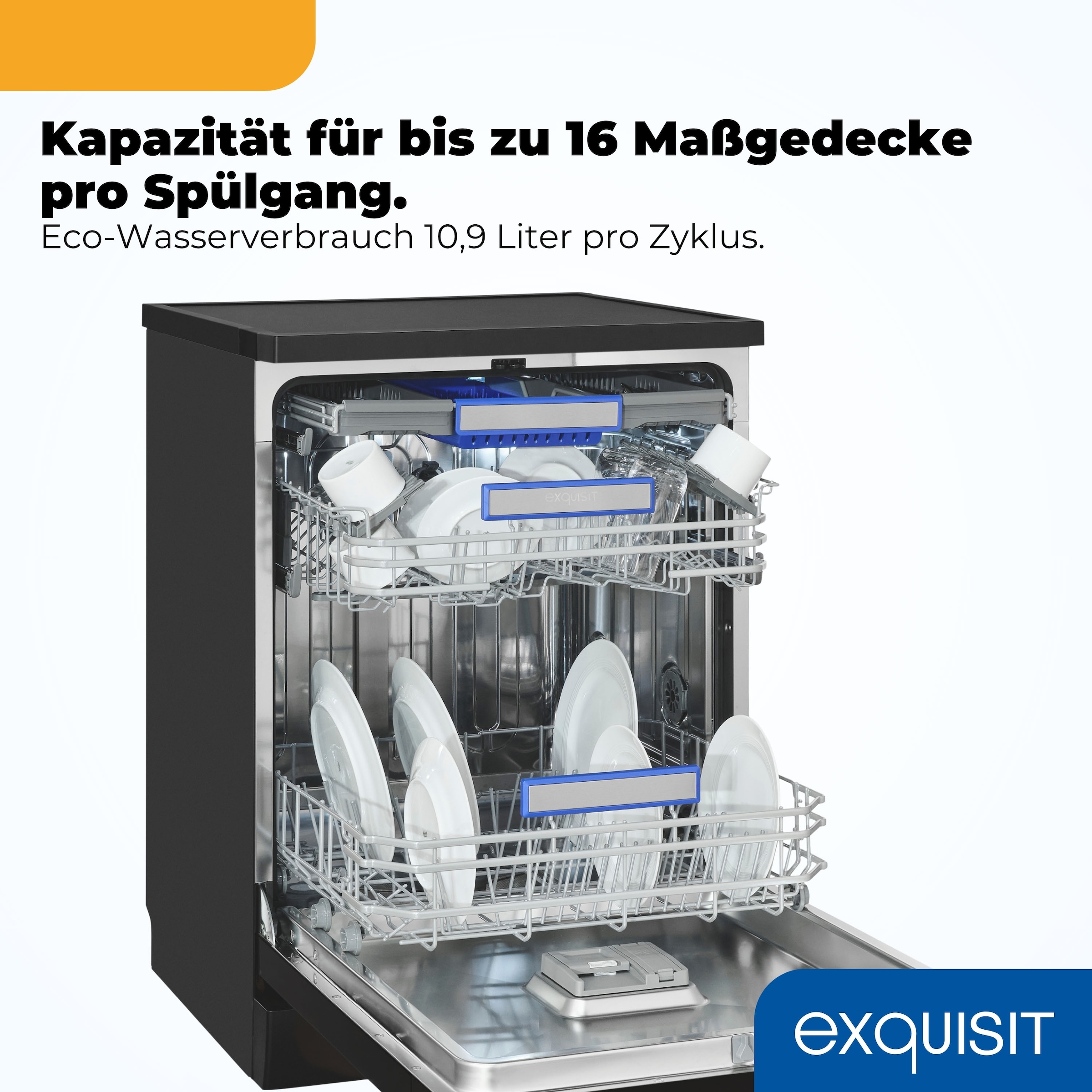 exquisit Standgeschirrspüler 9616 »GSP9616-450B schwarz« 10,9 l 16 tlg. Maßgedecke 16 Maßgedecke & flüsterleise 44 dB – stark und angenehm ruhig