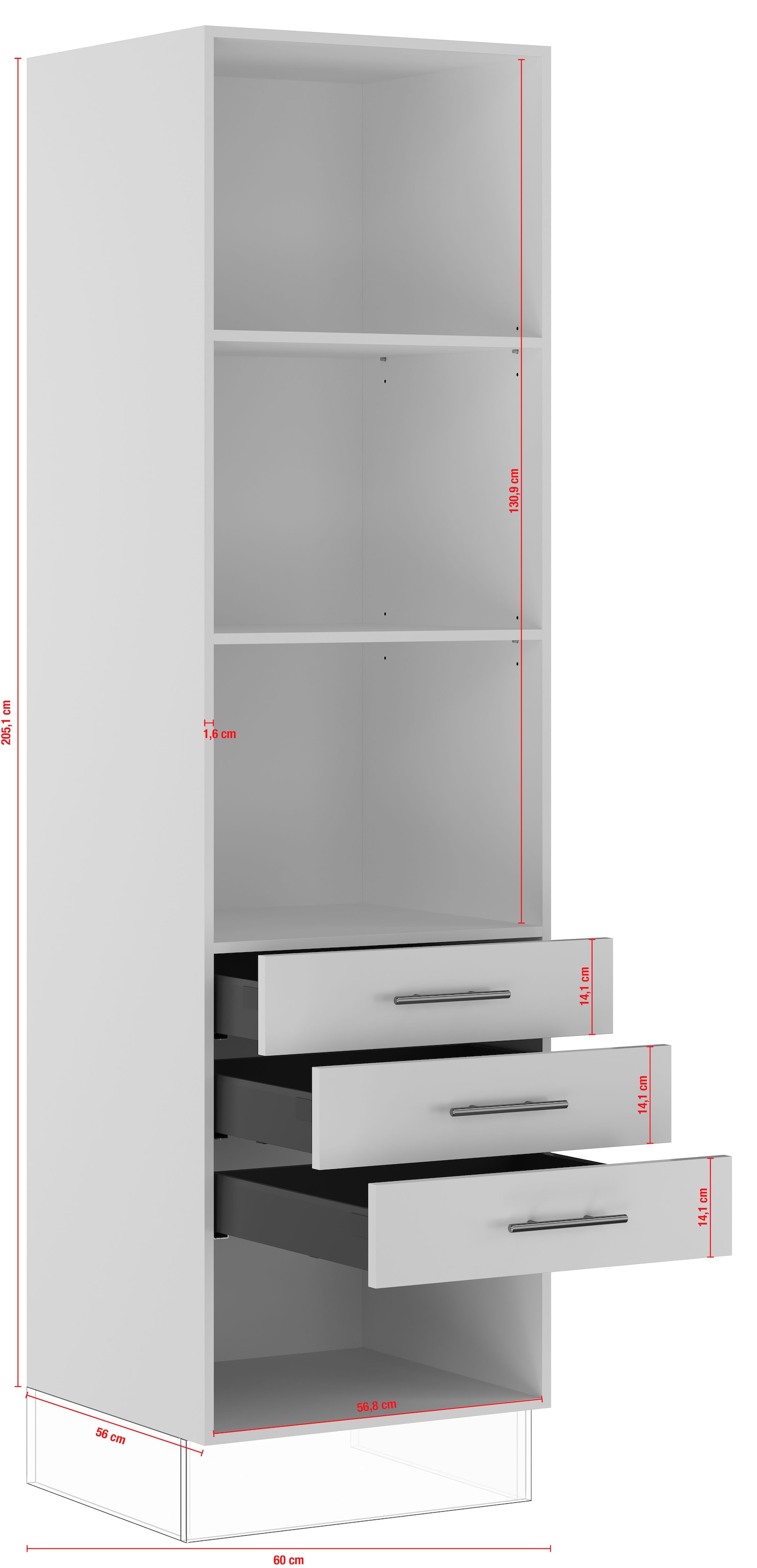 IMPULS KÜCHEN Seitenschrank »"Prag", Breite/Höhe: 60/205,1 cm, mit Soft-Close« vormontiert, mit Schubkästen, mit verstellbaren Fachböden