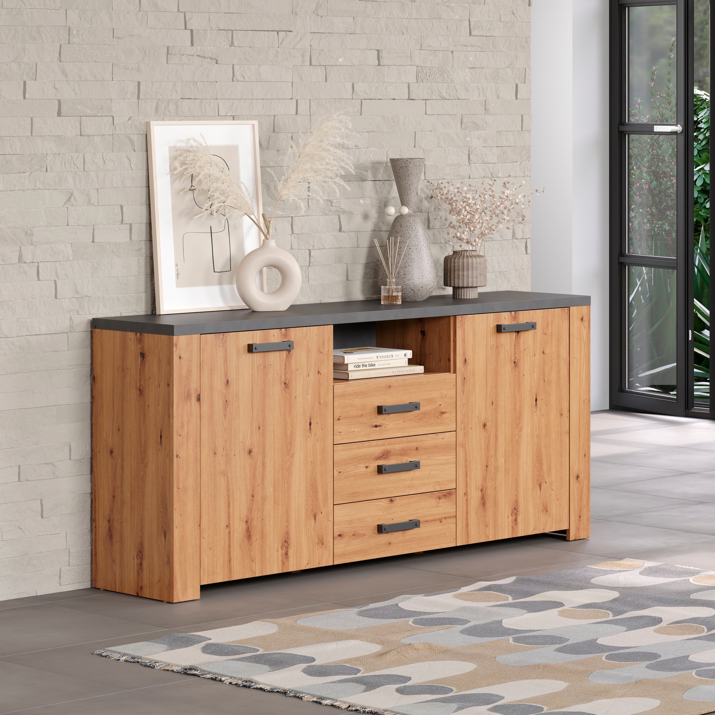 Home affaire Sideboard »Ambres«, (1 St.), Kommode Echtholzoptik, Maße BxH: 180x83 cm, Eiche