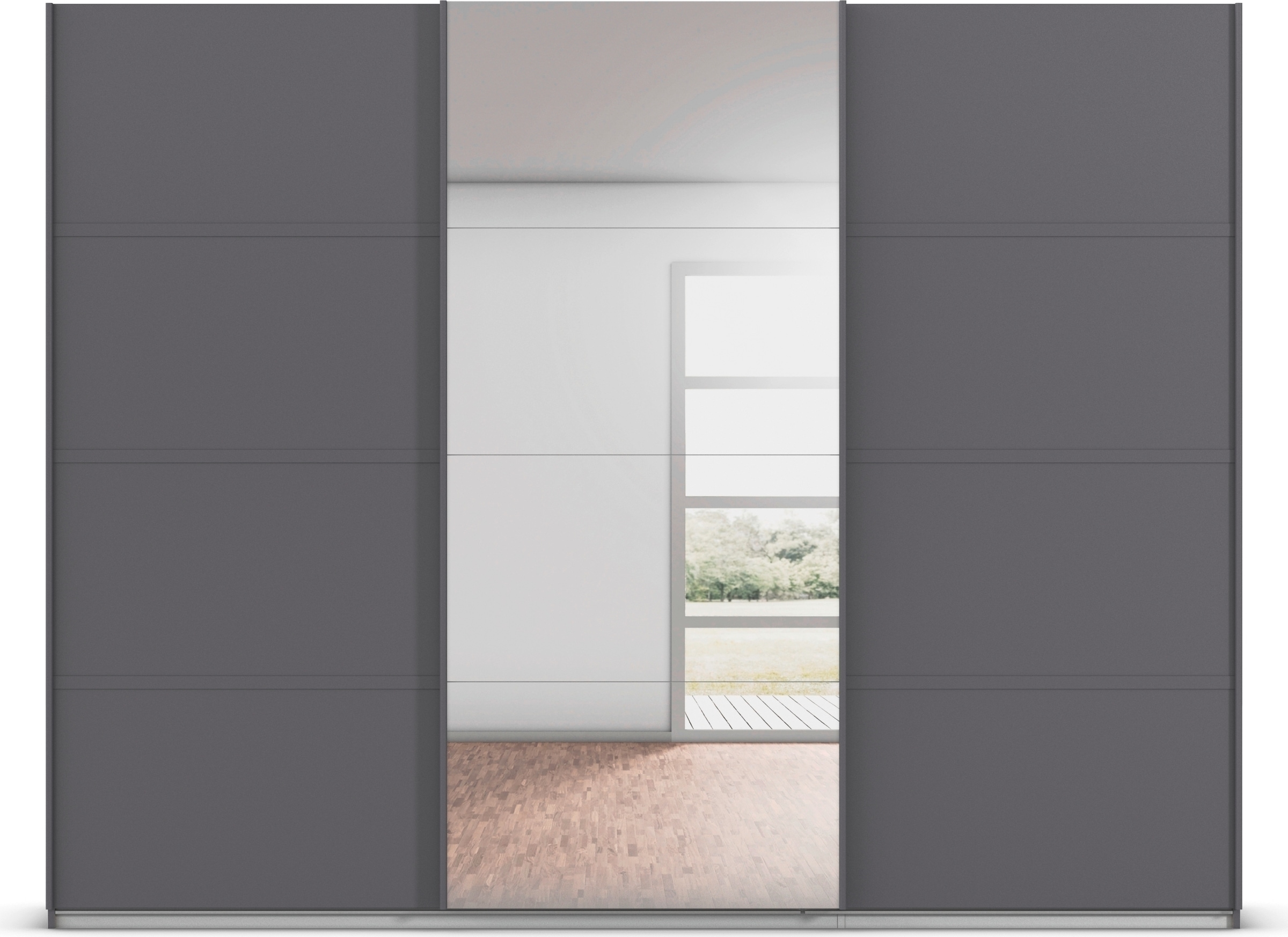 rauch Kleiderschrank »Schwebetürenschrank OTTO´s Choice Garderobe Schrank TOP ANGEBOT Avola«, (in 3 verschiedenen Ausstattungen BASIC/CLASSIC/PREMIUM inkl. Spiegel), mit eleganten Zierleisten in Chrom, Schwarz oder Weiß MADE IN GERMANY