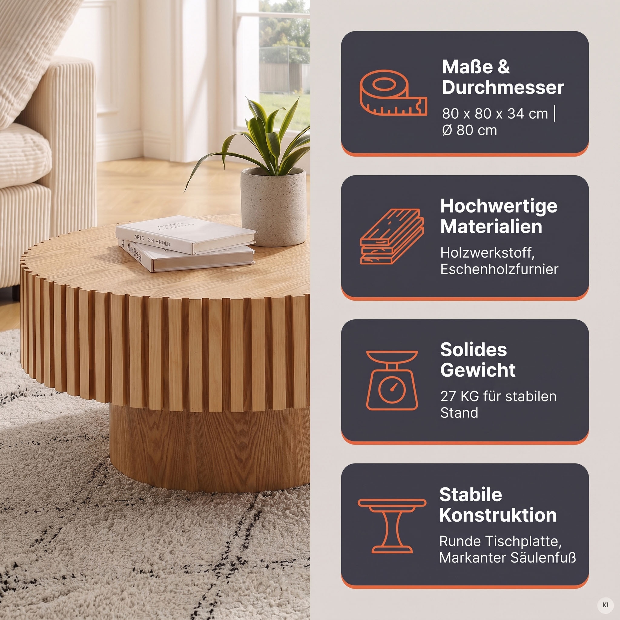 SalesFever Couchtisch »rund mit Massivholz-Lamellen Ø 80 cm« 1 Stk. tlg. Moderner Holztisch fürs Wohnzimmer mit Echtholzfurnier