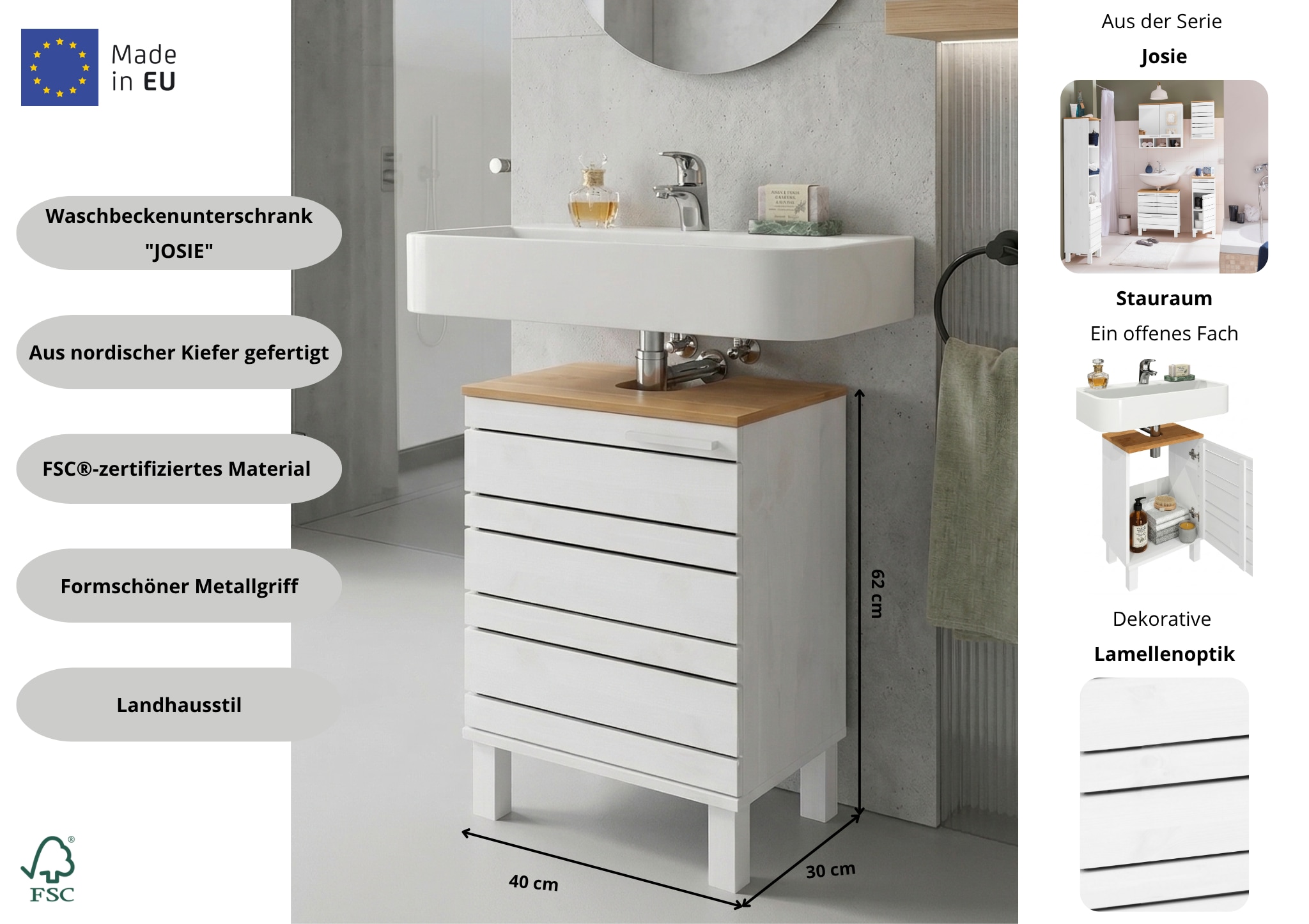 Home affaire Waschbeckenunterschrank »JOSIE« Breite 40 cm, aus Massivholz, Metallgriff, 1 Tür