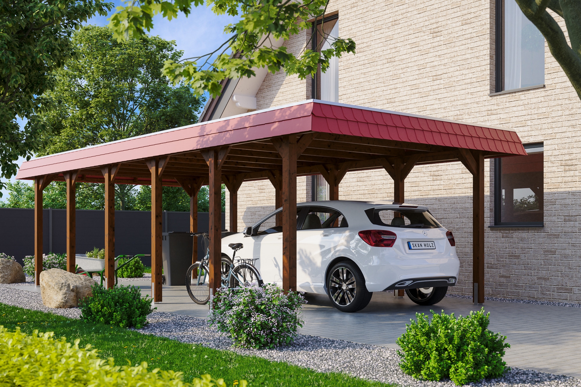 Skanholz Einzelcarport »Spreewald«, Nadelholz, 342 cm, Nussbaum, mit Aluminiumdach, rote Blende