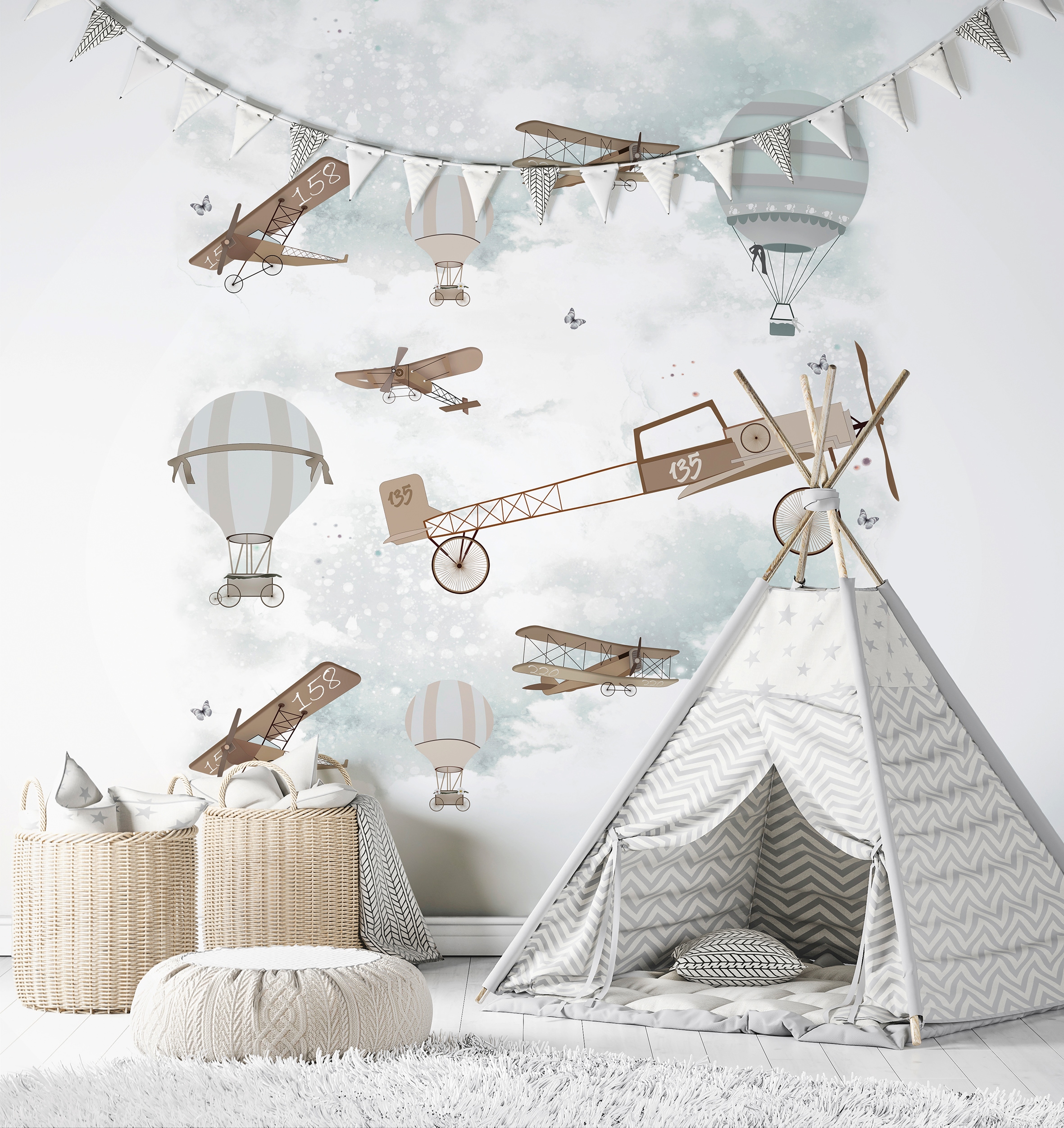 Marburg Kindertapete, Motiv, Flugzeug, Heißluftballon, Tapete für Wohnzimmer Schlafzimmer Küche