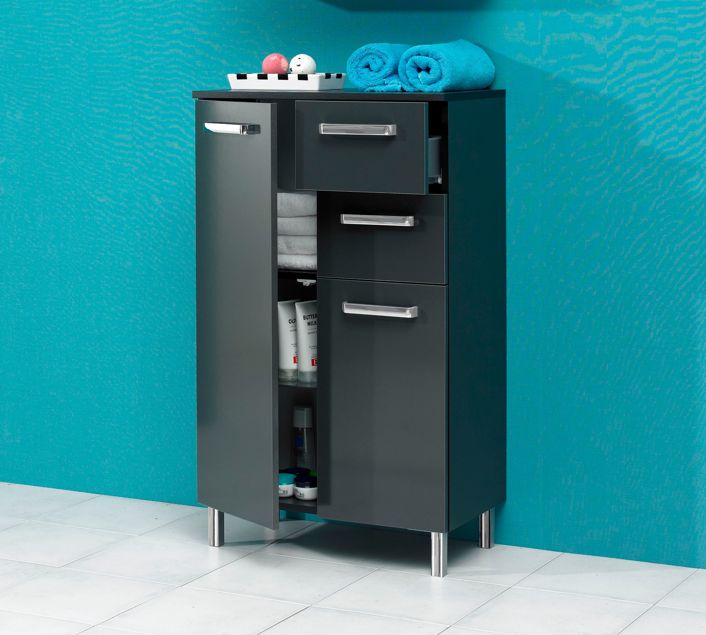 Saphir Unterschrank »Quickset Badschrank mit 2 Türen, 2 Schubladen, 60 cm breit«, Badezimmer-Unterschrank inkl. Türdämpfer, Griffe in Chrom Glanz