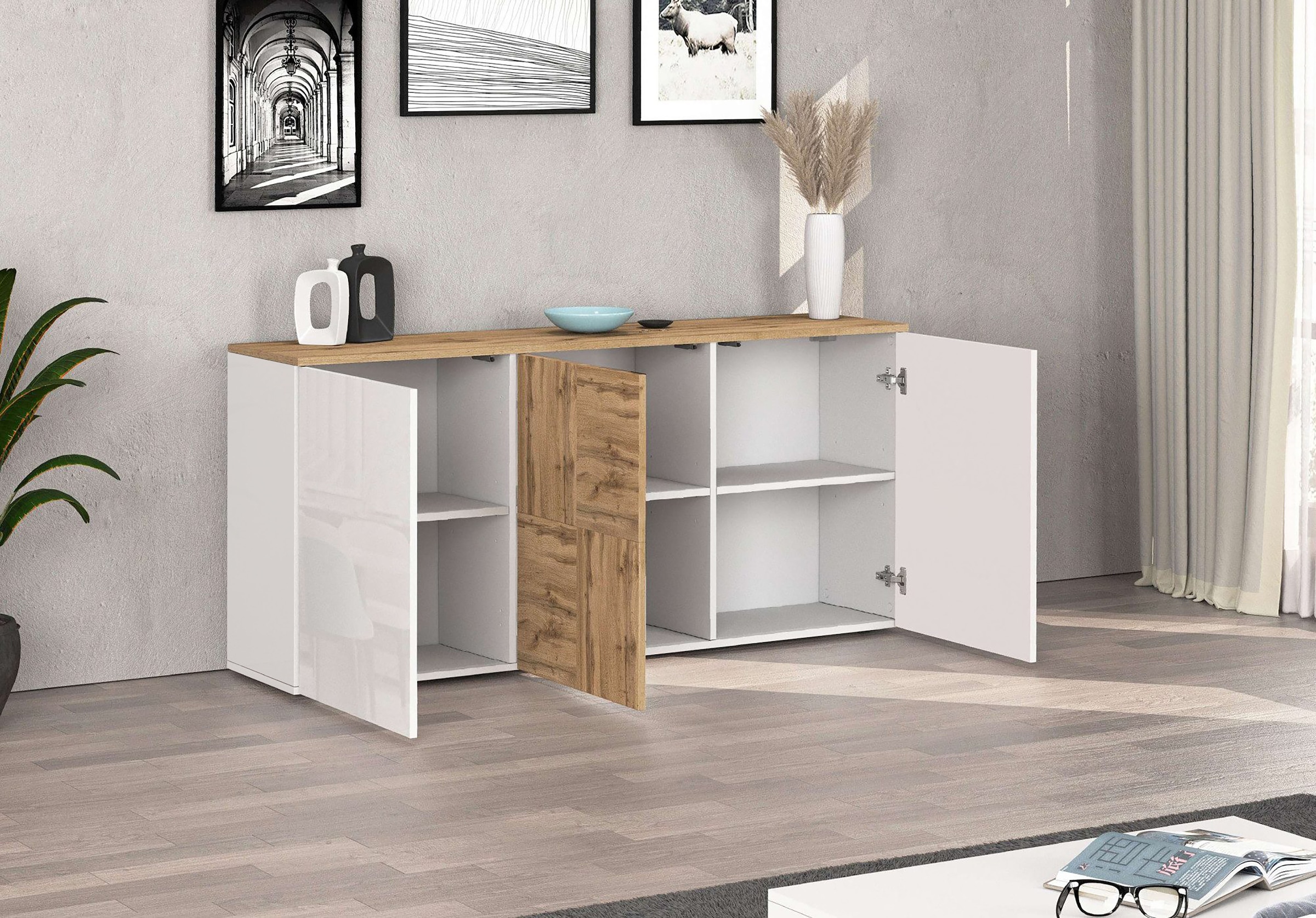 OTTO home Sideboard »ISEO, Kommode, Schrank, Sideboard, Lowboard, 6 Fächer, Breite 150 cm« 1 Stk. tlg. stehend/hängend, 3 Türen Hochglanz lackiert, Made in Italy