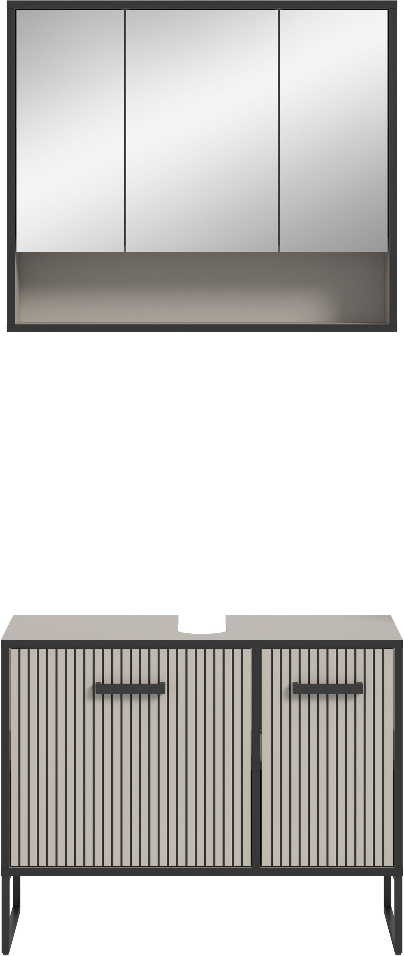 welltime Badmöbel-Set »Locri, Breite 80 cm, Rillenoptik, Metallkufen«, (2 St.), best. aus: Waschbeckenunterschrank, Spiegelschrank