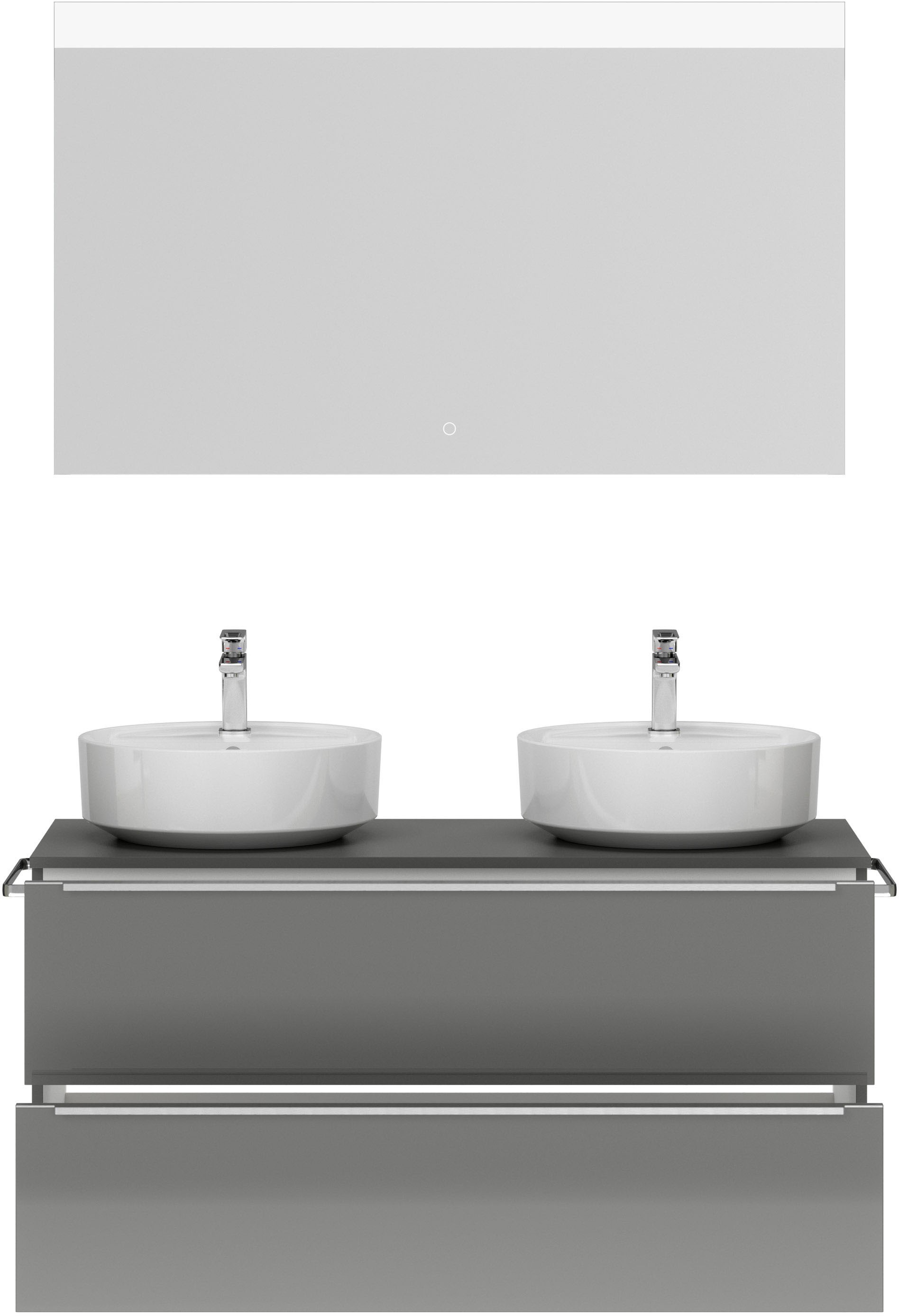 nobilia® Badmöbel-Set »Alvene«, (2 St., vormontiert, mit Soft-Close), Hochglanz, inkl. Spiegel mit Touch-Sensor, in vier Breiten