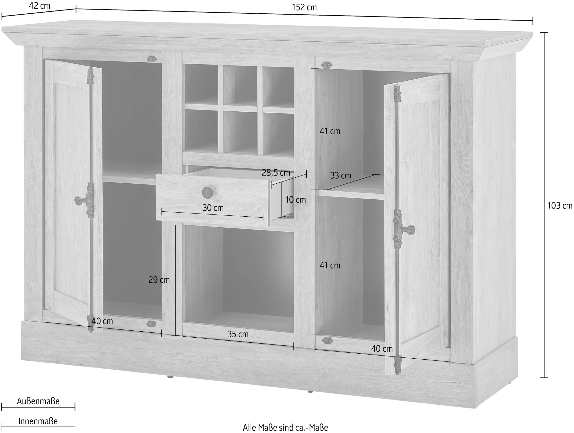 Home affaire Highboard »Cornwall, Kommode im Landhausstil, Schrank, Sideboard, Eiche Dekor«, (1 St.), verschnörkelte Metallgriffe, ausreichend Stauraum, 152 cm breit