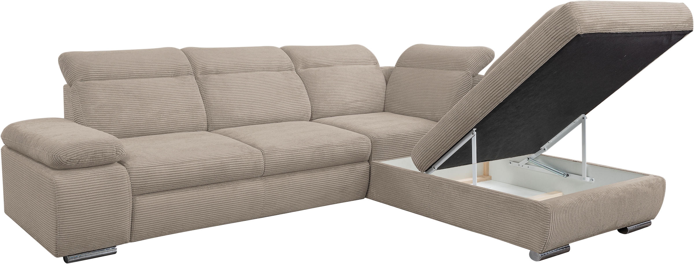 WERK2 Ecksofa »Alicante Kopfteilverstellung, Bett & Bettkasten, Cord, L-Form, bequem« Cord, L-Form, XXL, Schlaffunktion, Bettkasten