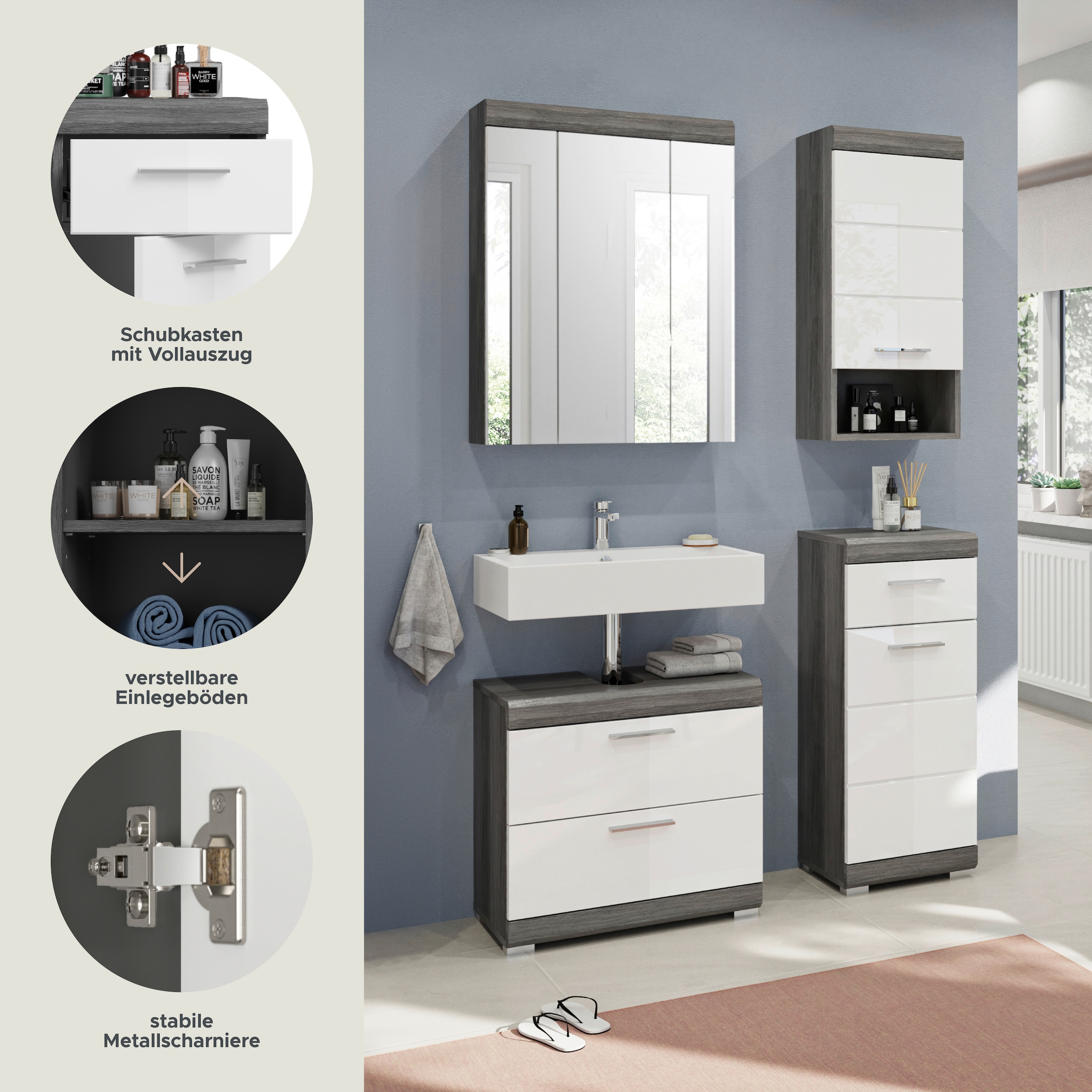 INOSIGN Badmöbel-Set »Siena, 4 teilig, bestehend aus:«, (Set, 4 St.), Waschbeckenunterschrank, Spiegelschrank, Unterschrank, Hängeschrank