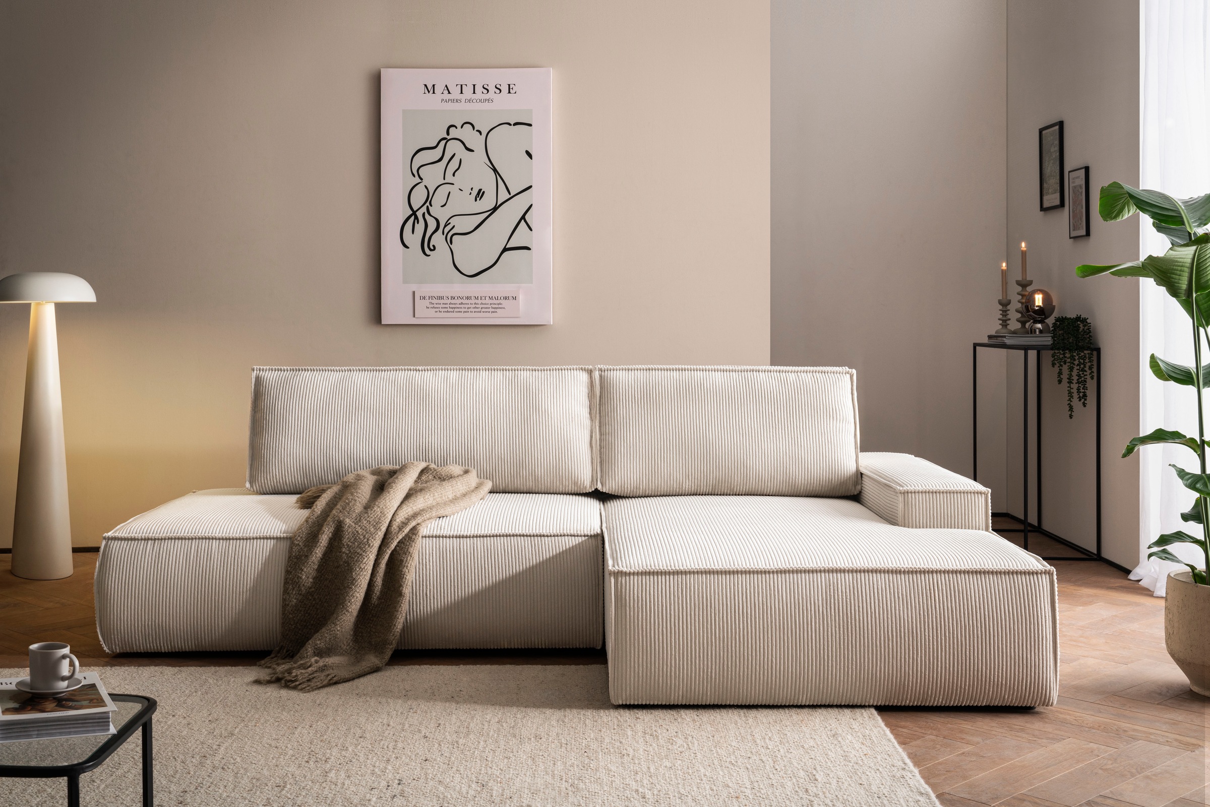 Home affaire Ecksofa »SHERWOOD, Schlafsofa in L-Form offen (275cm), Cord, Leinenoptik«, Schlaffunktion und Bettkasten, Kedernaht, hoher Sitz- & Liegekomfort