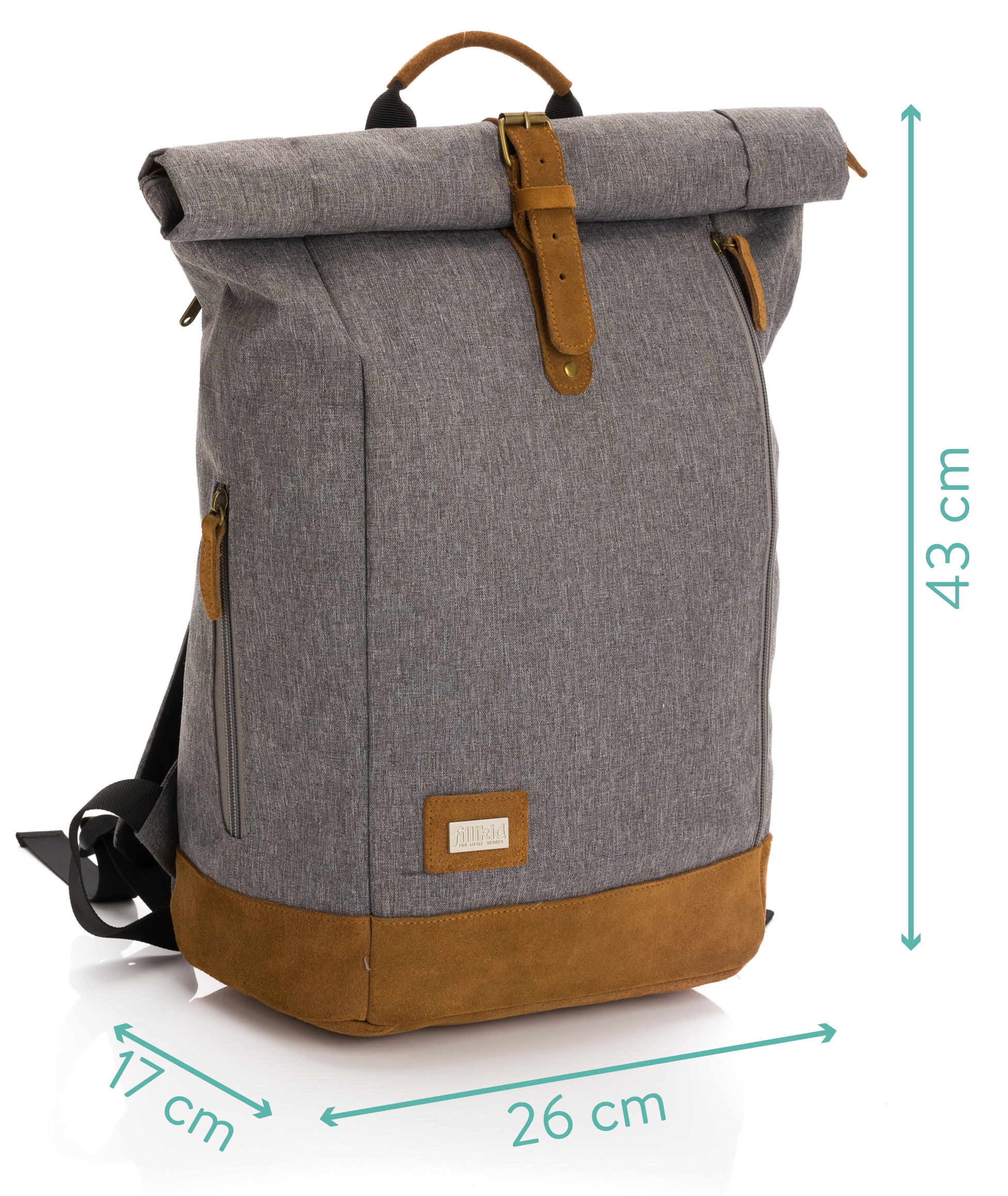 Fillikid Wickelrucksack »Rolltop Berlin, grau melange«, Reflektoren, inkl. Wickeltunterlage