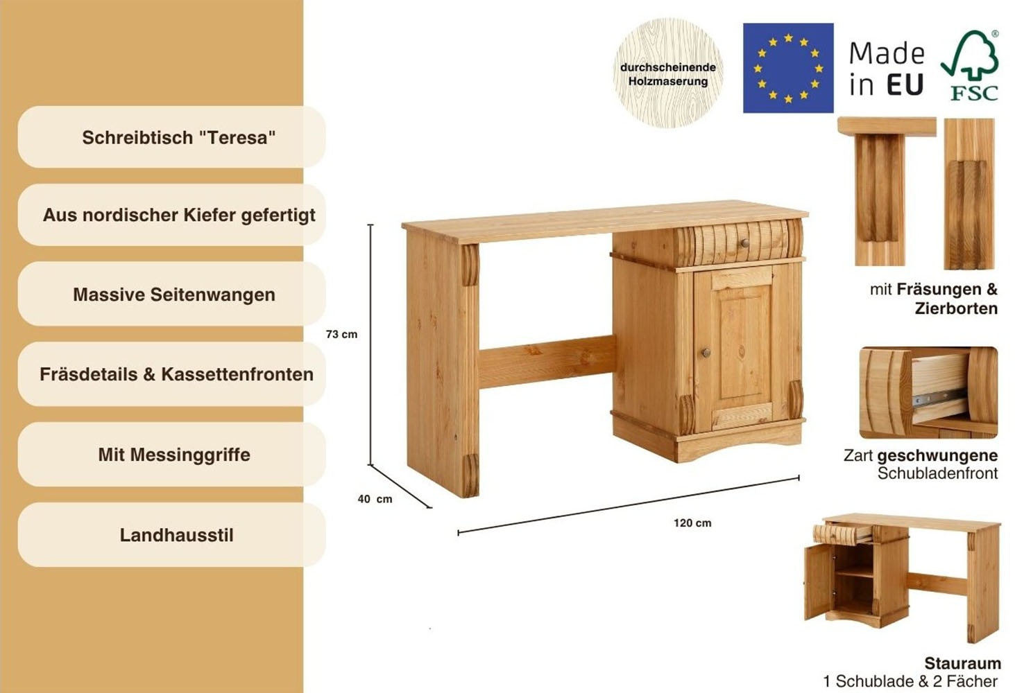 Home affaire Schreibtisch »Teresa«, Computertisch mit Schubladen, Massivholz, Breite 120 cm