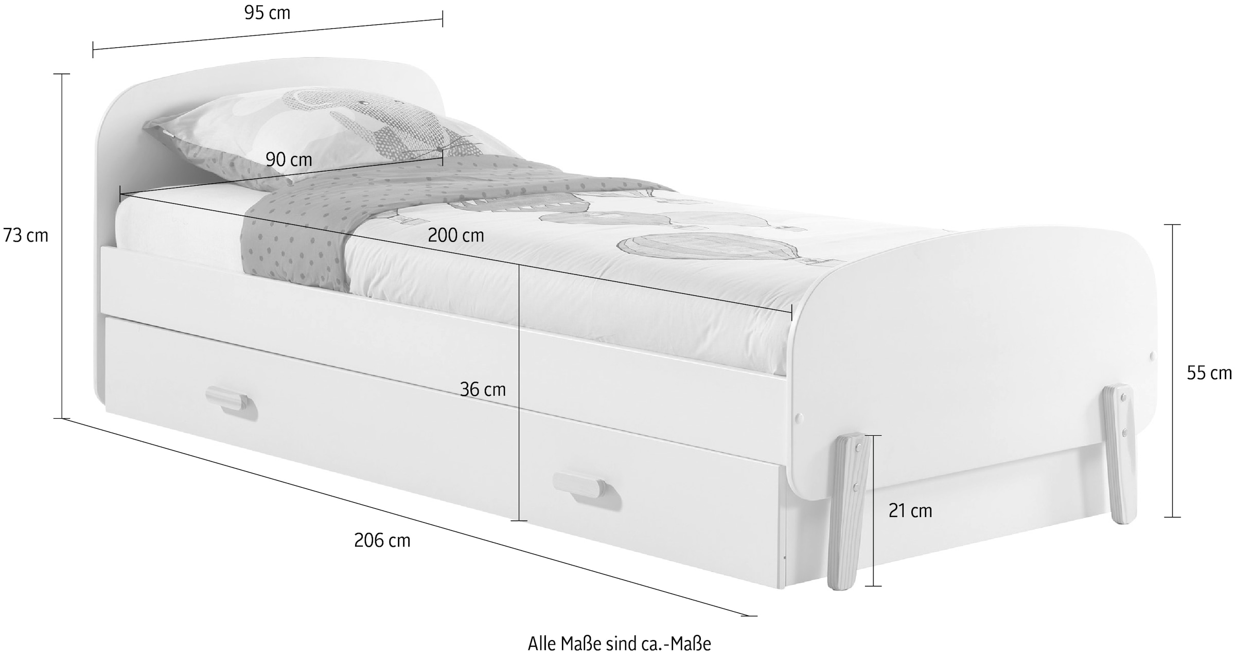 Vipack Einzelbett, (Made in Europe), Liegefläche 90x200 cm mit Lattenrost und Bettschublade, Weiß lackiert