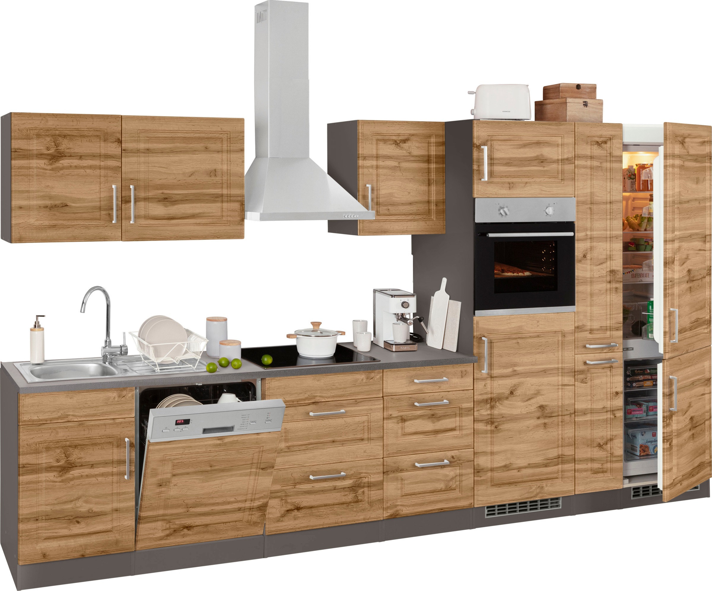 HELD MÖBEL Küchenzeile »Stockholm«, Breite 370 cm, mit hochwertigen MDF Fronten im Landhaus-Stil