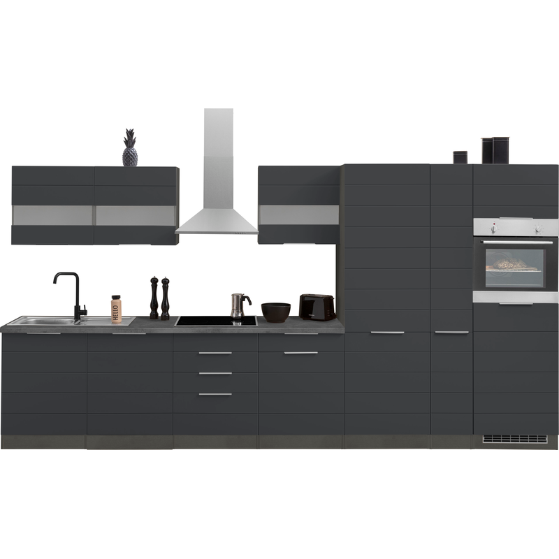 KOCHSTATION Küchenzeile »KS-Luhe« 390 cm breit, wahlweise mit oder ohne E-Geräten, gefräste MDF-Fronten Küche: grau + Front: weiß matt + Korpus:...