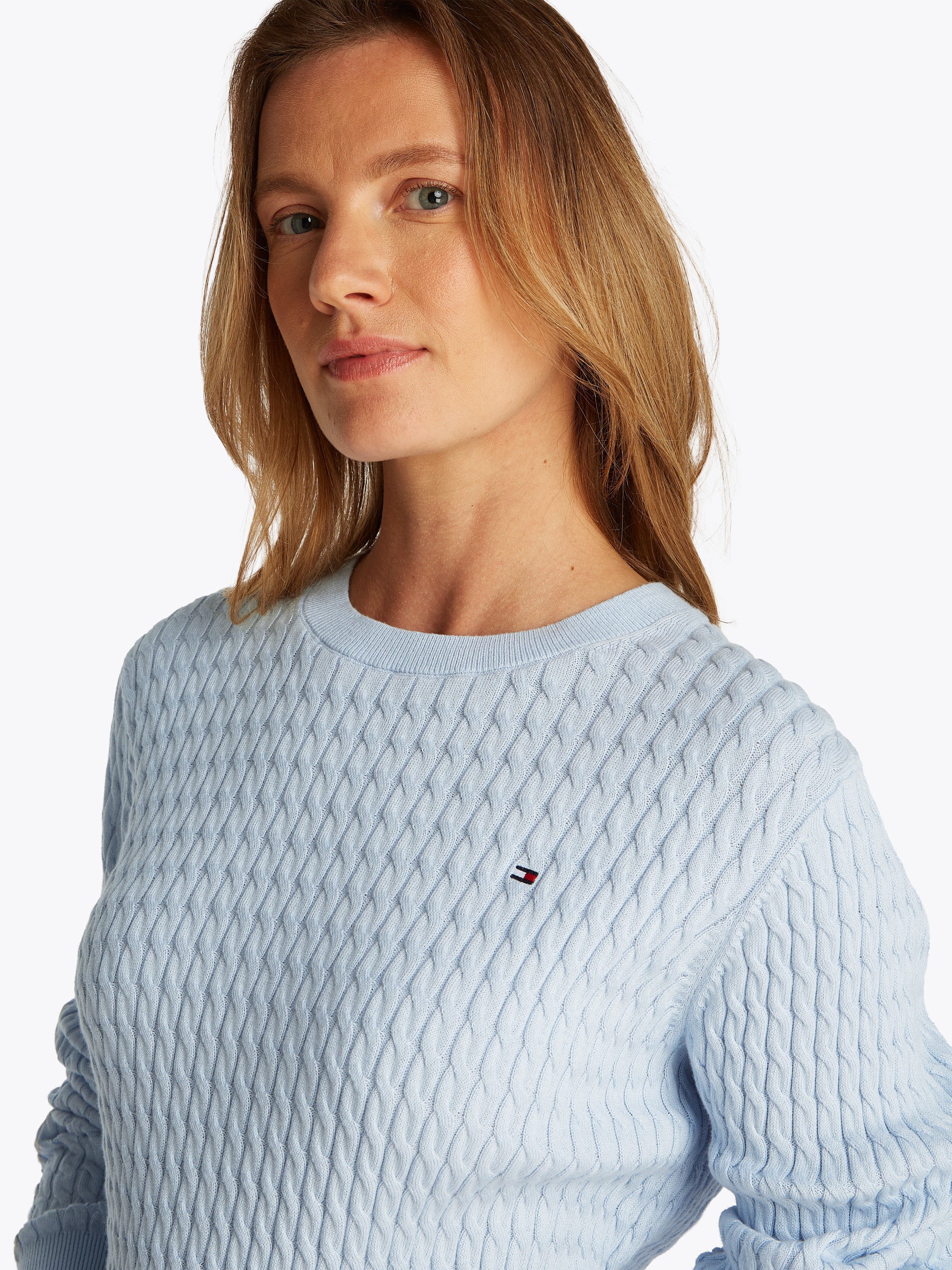 Tommy Hilfiger Rundhalspullover »CO CABLE C-NK LS SWEATER« Baumwolle, mit Zopfmuster, Regular Fit