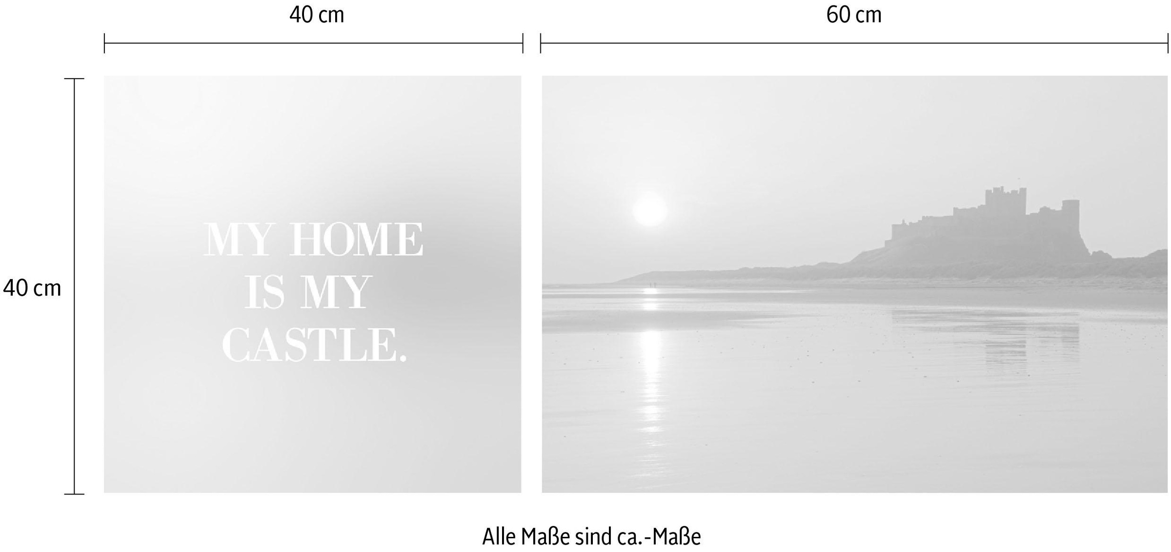 queence Leinwandbild »Home«, Seebilder-Seelandschaft-Meer-Meer Bilder-Kunst-Modern-Spa-Spa Bilder-Sprüche-Sprüche & Texte-Schriftzug, (Set), Premium-Leinwandstoff, Handarbeit aus Deutschland, Spruch, 2er Set