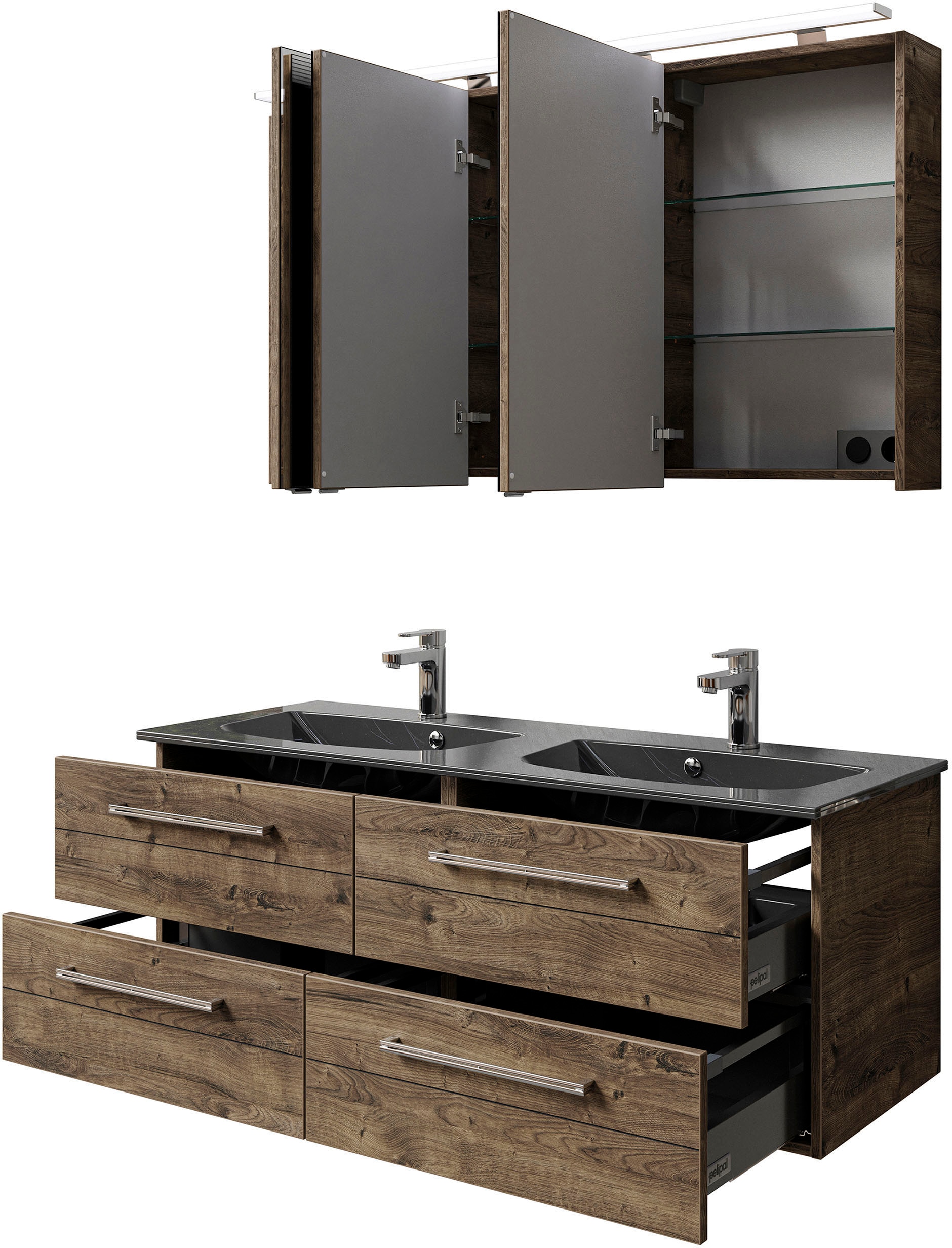 Saphir Badmöbel-Set »Serie 6025 2-teilig Mineralmarmor-Waschtisch mit LED-Spiegelschrank«, (2 St.), Waschplatz 132cm breit, 4 Schubladen, 2 Spiegel-Türen, inkl Türdämpfer