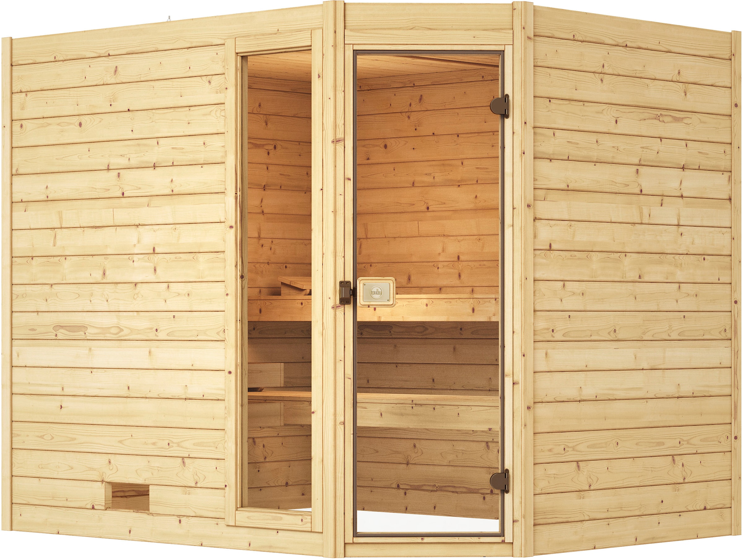 weka Sauna »Massivholzsauna VALIDA Eck 3« Blockbohlen, Fensterlement, moderne Ganzglastür