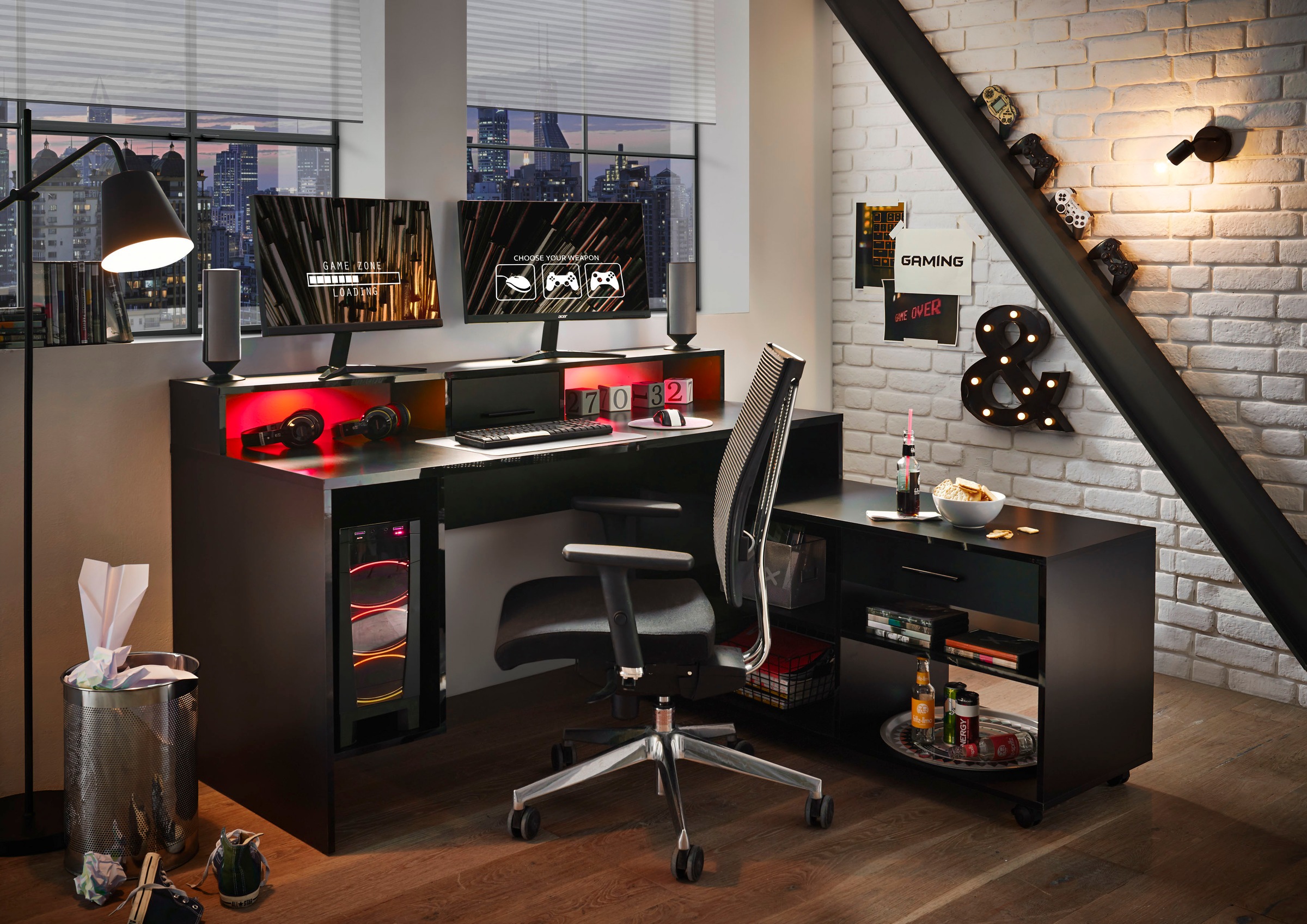 BEGA OFFICE Gamingtisch »Highscore«, Schwarz inkl. RGB-LED Farbwechsel, Computertisch mit Rollcontainer