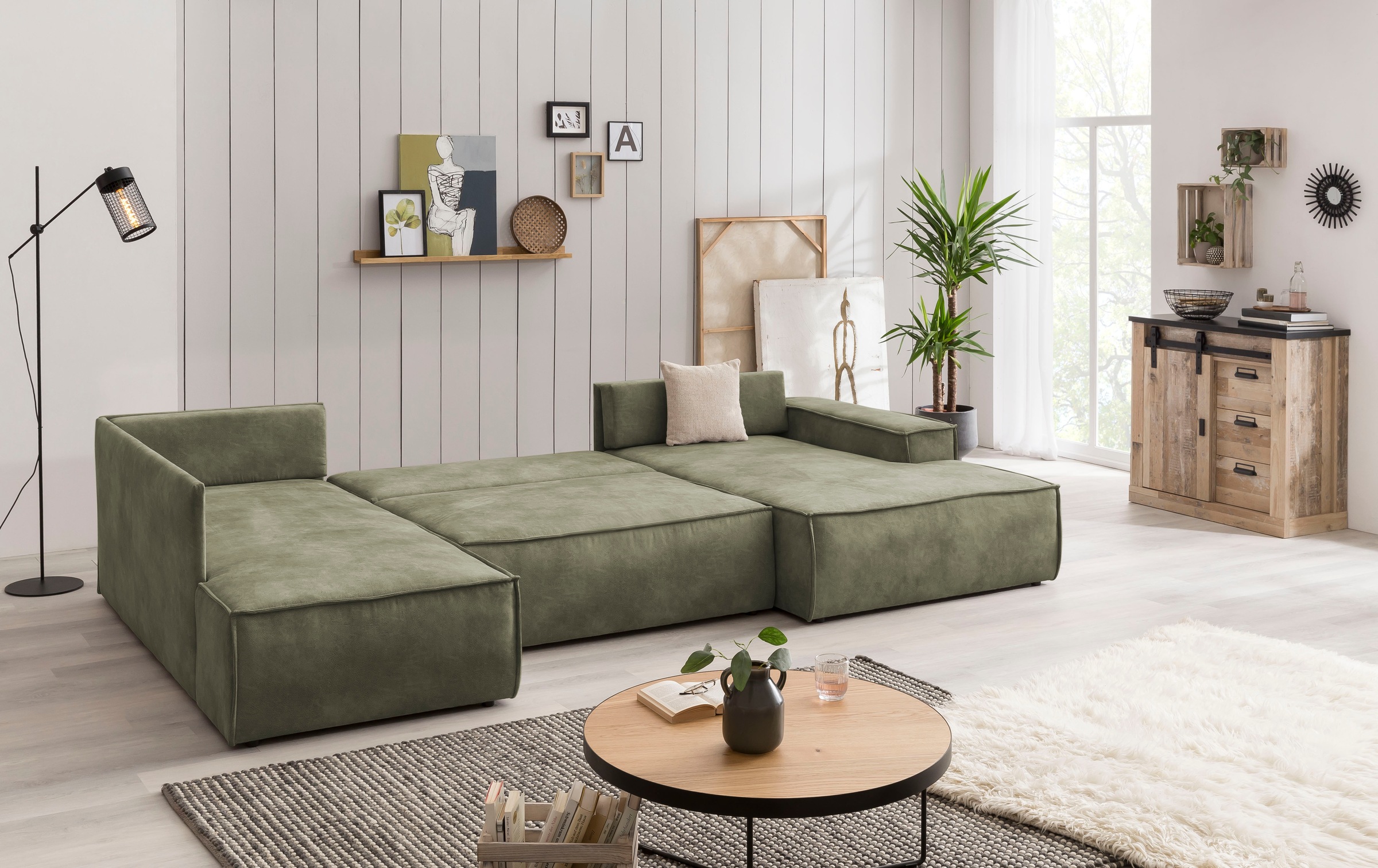 Home affaire Wohnlandschaft »SHERWOOD 329 cm, U-Form, Schlafsofa,«, Schlaffunktion m. Bettkasten (194x139 cm), Cord, Vintage, Samtvelours