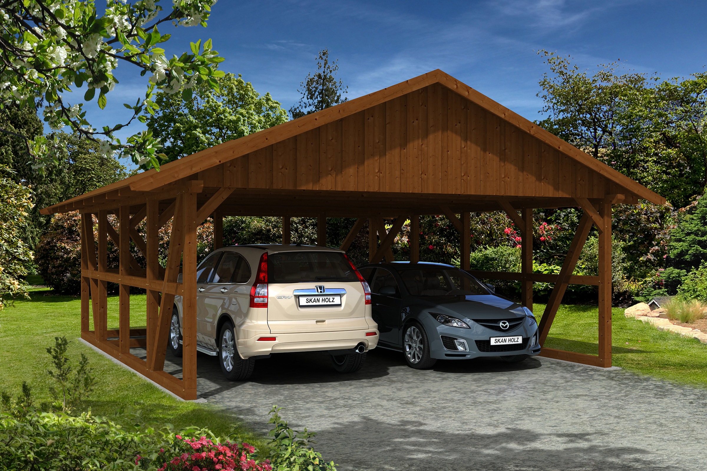 Skanholz Doppelcarport »Schwarzwald«, 560 cm, Nussbaum, mit Abstellraum 3, mit Dachschalung