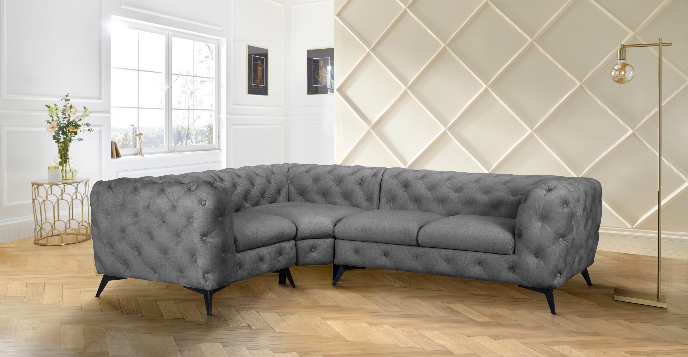 Leonique Chesterfield-Sofa »Ecksofa GLYNIS L-Form mit Wellenunterfederung, günstig online kaufen