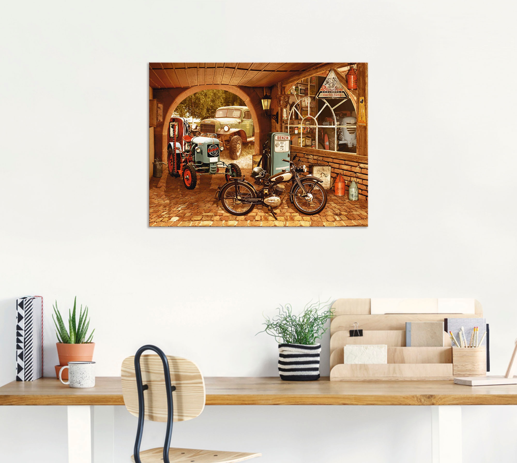 Artland Wandbild »Werkstatt mit Traktor und Motorrad«, Traktoren, (1 St.), als Alubild, Outdoorbild, Leinwandbild, Wandaufkleber, versch. Größen