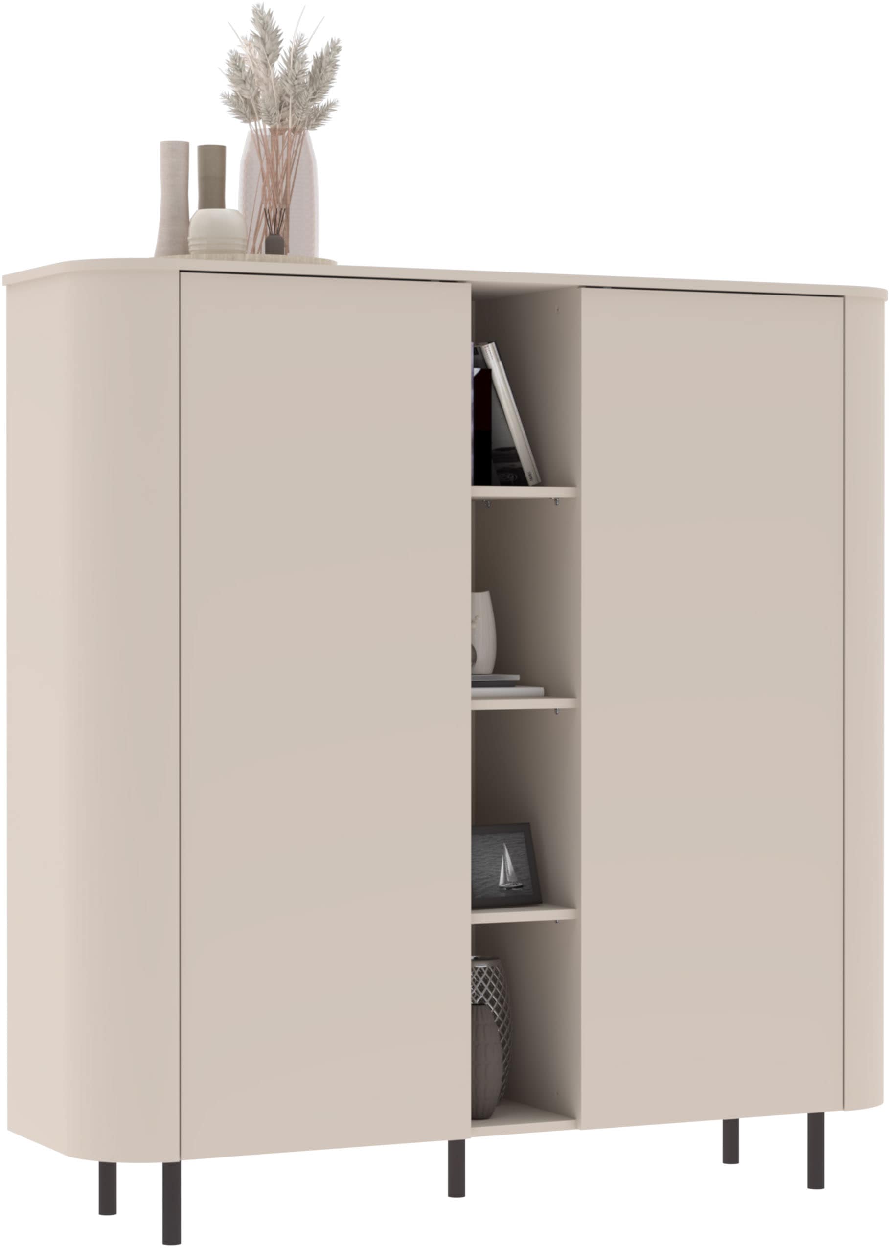 INOSIGN Highboard »Lido, B/H 150/154 cm, 2 Türen, 4 offene Fächer, Stauraumschrank« Formgebogenes MDF, Stirnseiten mit Rundung, Push-to-open, Metallfüße