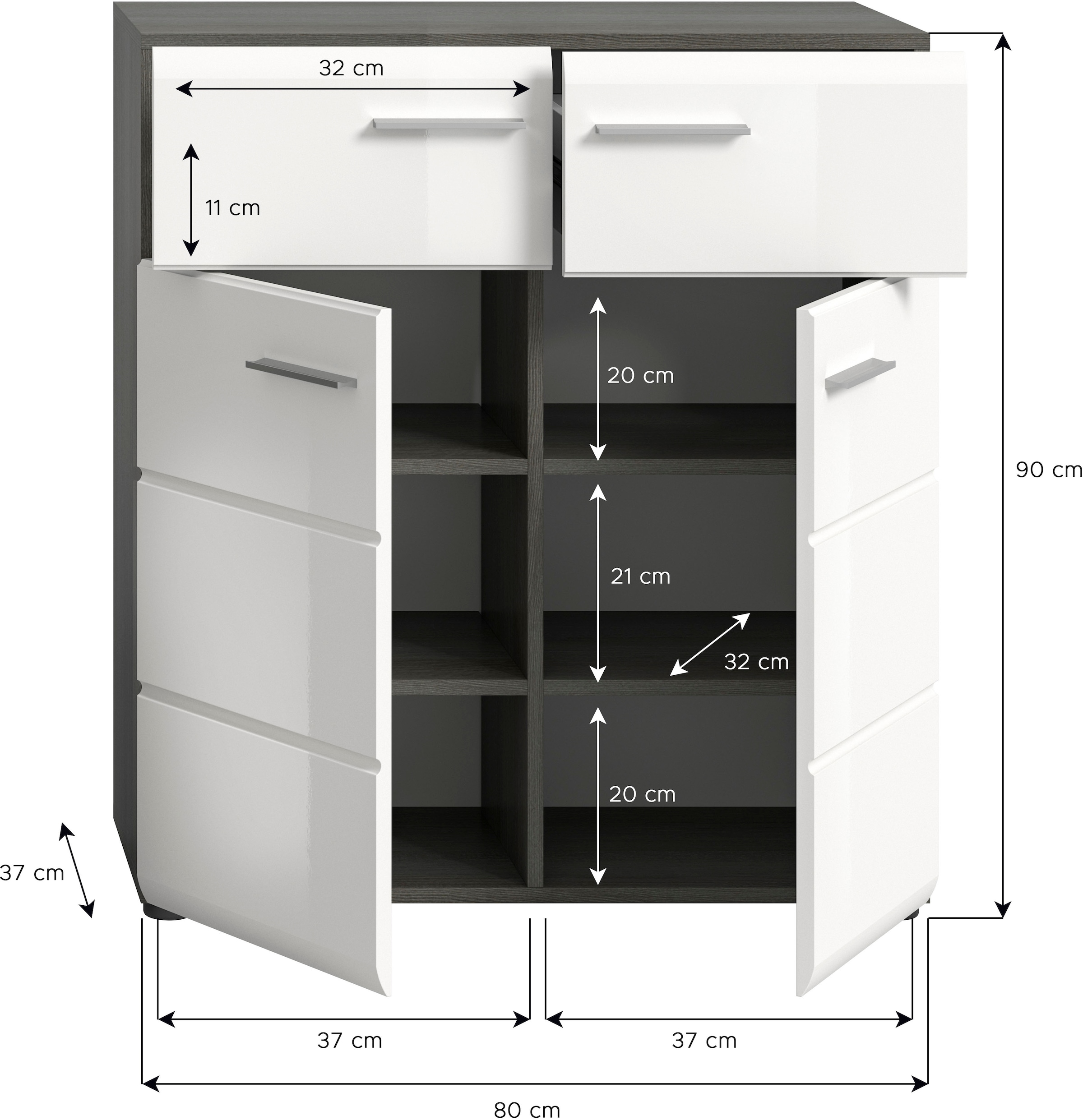 INOSIGN Schuhschrank »Rumba, Breite 80 cm, Hochglanz Front, 2 Türen, 4 Einlegeböden,«, 2 Schubkästen, Schuhkommode, Kommode, Flurschrank