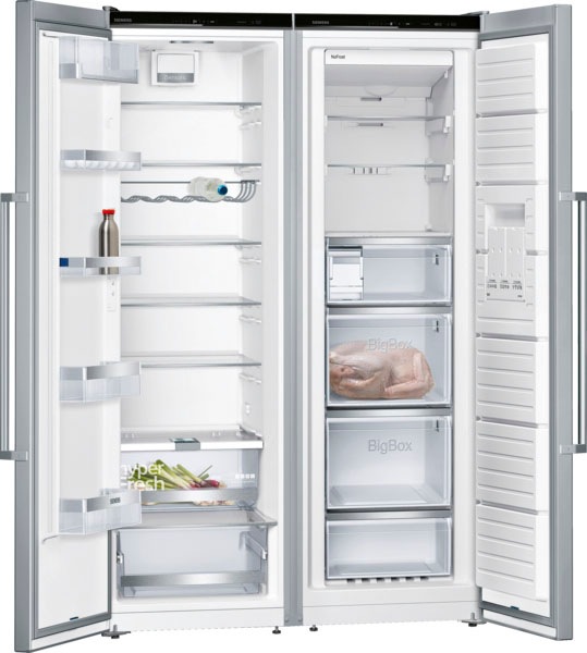 SIEMENS European Side-by-Side iQ500, 186 cm hoch, 120 cm breit, mit Flaschenregal-Schnellkühlfunktion-höhenverstellbare Füße-Umluftkühlung
