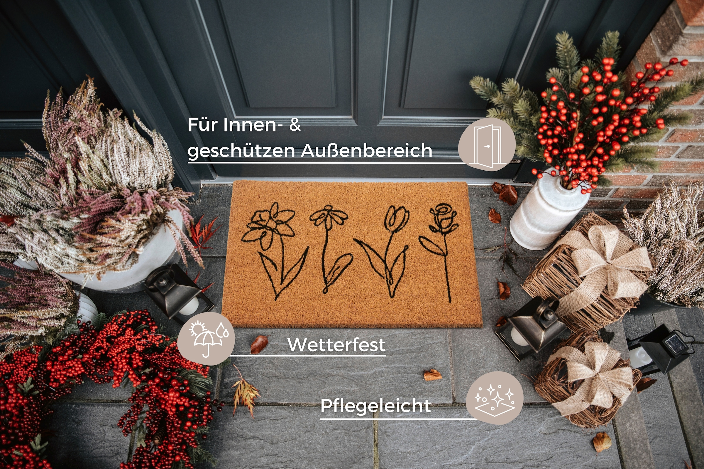 HANSE Home Fußmatte »Kokos Line-Art Flowers, Türmatte«, rechteckig, 15 mm Höhe, Schmutzfangmatte, Rutschfest, Outdoor, Innen, Außen, Kokosmatte, Flur