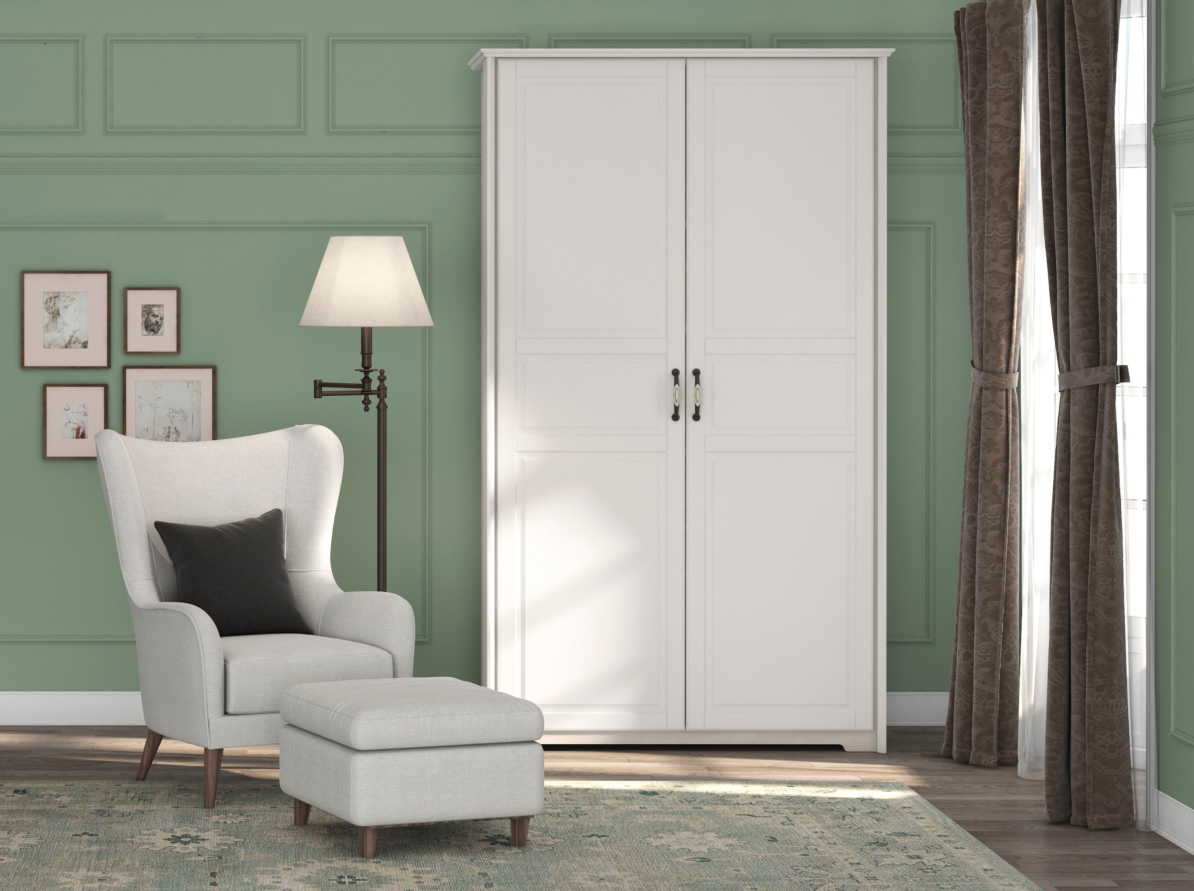 Home affaire Kleiderschrank »Evergreen, wahlweise in 3 Breiten, Höhe 224cm!«, (besonders dekorierter Metallgriff, Kasettenoptik in der Front), im klassischen Landhausstil,FSC-zertifiziert,hochwertige UV Lackierung