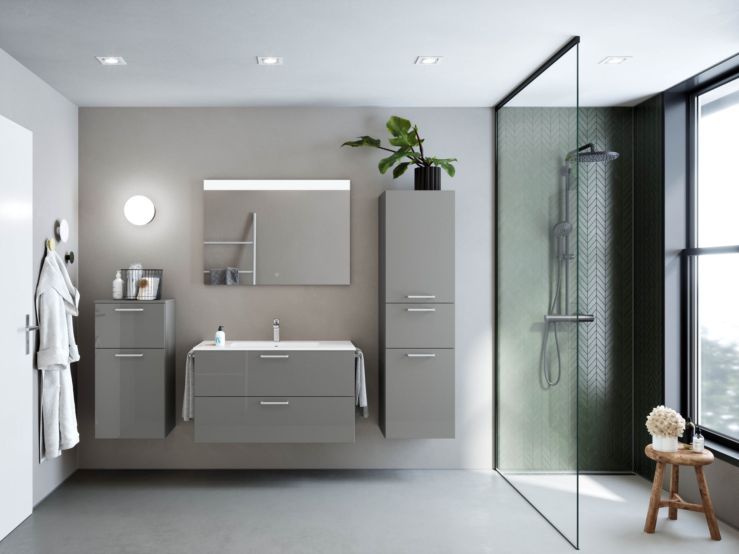nobilia® Badmöbel-Set »Tolvina«, (4 St., vormontiert, mit Soft-Close), Hochglanz, inkl. Spiegel mit Touch-Sensor, in vier Breiten